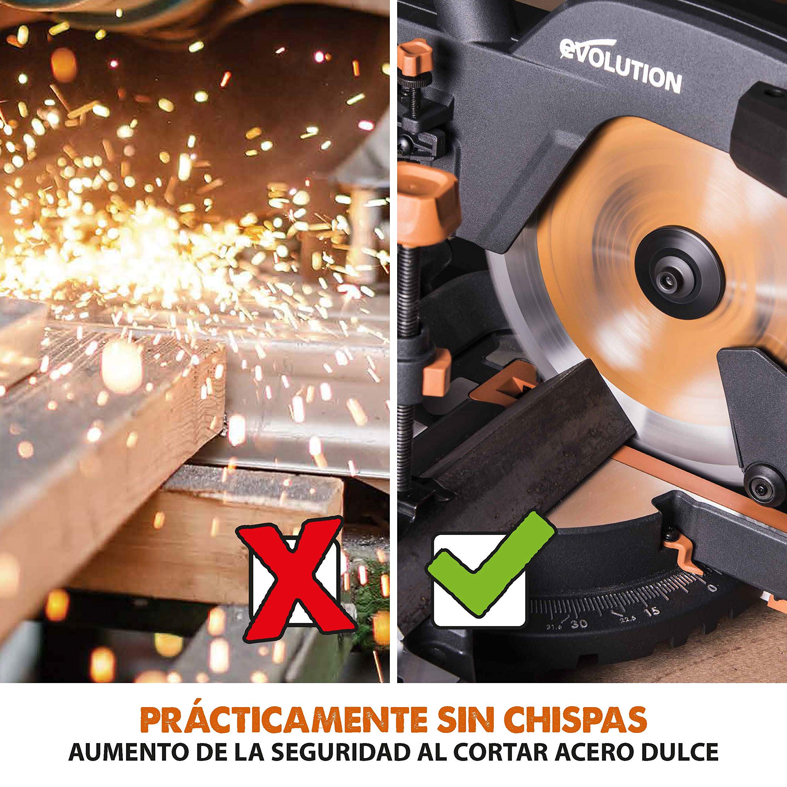 Evolution Power Tools R255SMS Sierra ingletadora Deslizante multimaterial, con Paquete Plus, Corta acero dulce, aluminio, plástico, madera con clavos incrustados 230 V, 255 mm