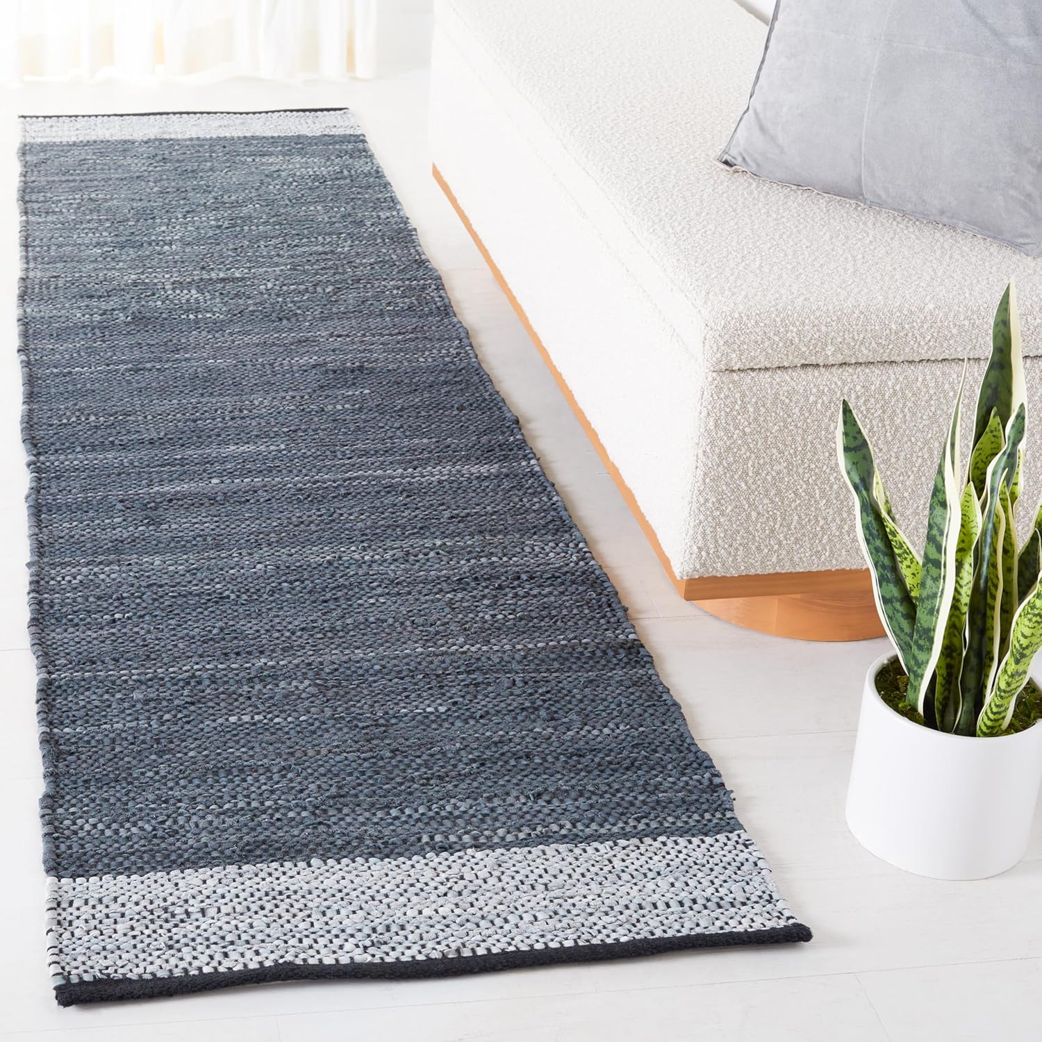 SAFAVIEH Vintage Leather Collection Runner Rug - 2'3" x 6', Grey & Silver, Handmade Stripe Leather & Cotton, Ideal for High Traffic Areas in Living Room, Bedroom (VTL201A)
