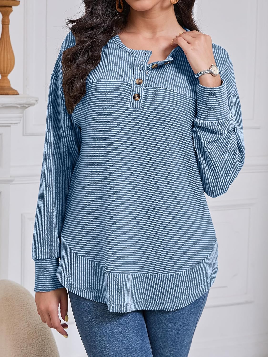 Henley Shirts for Women Long Sleeve Waffle Knit Tops - Fall Fashion Must Haves Tunic Style Blouse & Casual Shirt - Image 3