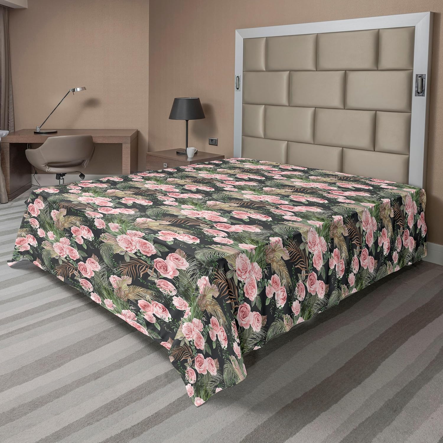 Ambesonne Tropical Leaves Flat Sheet, Aquatic Colors Exotic Leafy Pattern with Grunge Dots Print Boho, Soft Comfortable Top Sheet Decorative Bedding 1 Piece, Queen Size, Dark Lavender Indigo