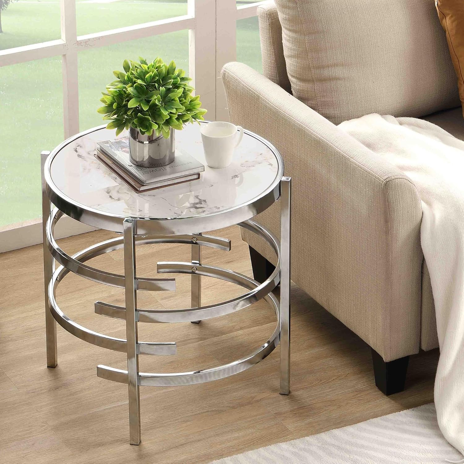 Round End Table Marble Stone Living Room Table Silver