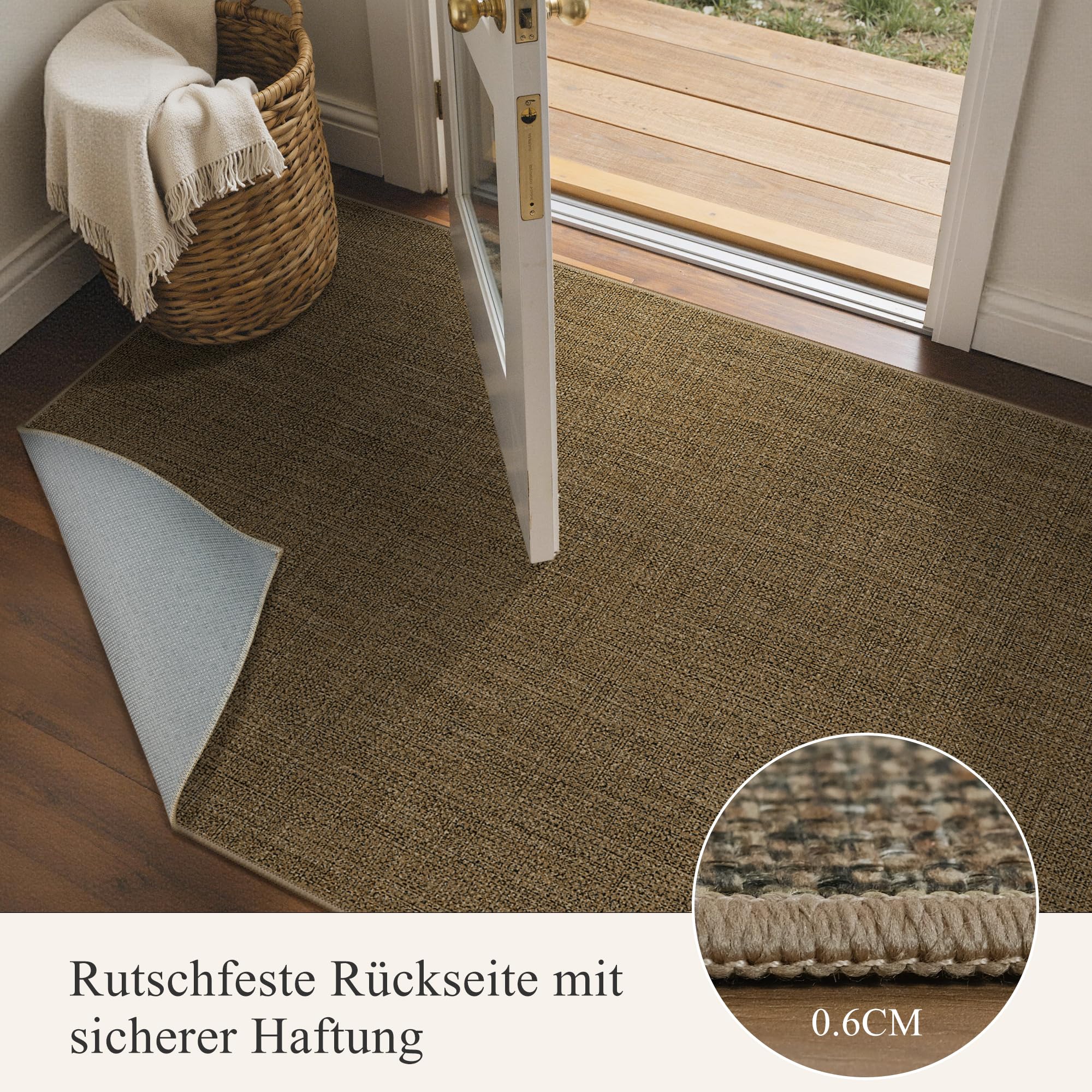 Tappeto Interno Esterno Effetto Sisal Minimalista, Tessitura Piatta in Polipropilene Lavabile Antiscivolo Resistente alle Intemperie, Marrone Scuro per Balcone Terrazza Soggiorno Cucina 160x230 cm