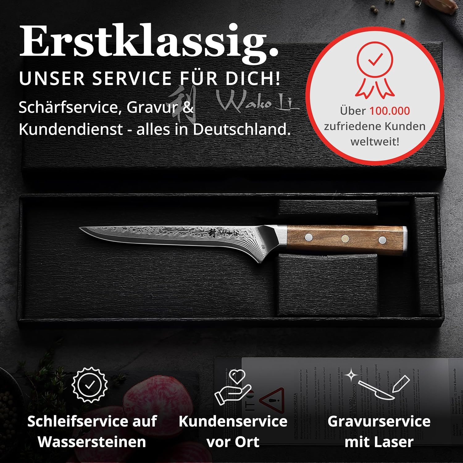 Wakoli Oribu Damascus Boning Knife – Full Tang Kitchen Knife with 5.5-Inch Blade made of 67-Layer Genuine Damascus Steel and VG10 Core – Ergonomic Olive Wood Handle in Elegant Gift Box