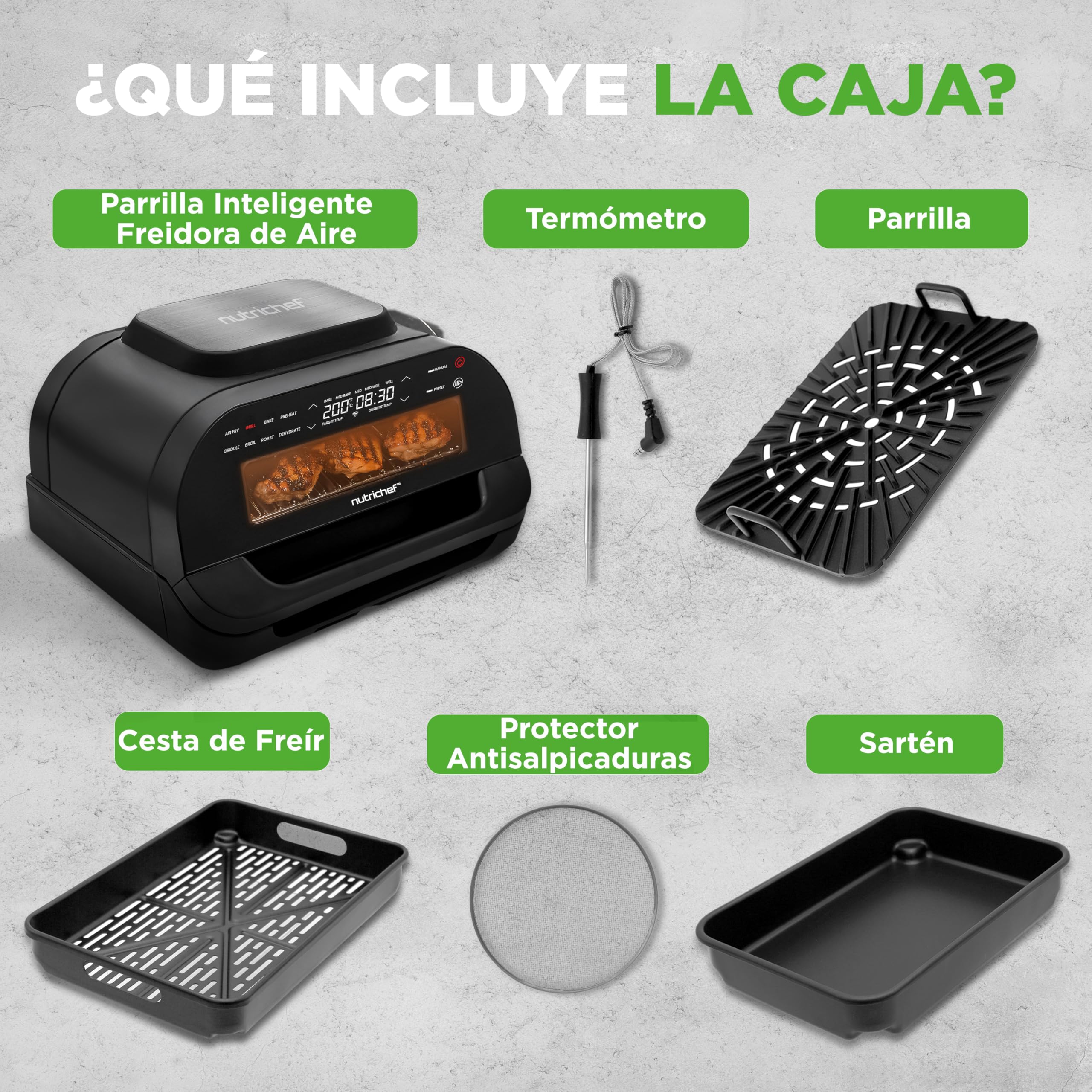 NutriChef Parrilla Electrica de Interior y Freidora de Aire 7 en 1 sin Humo, 6L, Termometro Integrado, Control de Temperatura, Placas Antiadherentes Desmontables