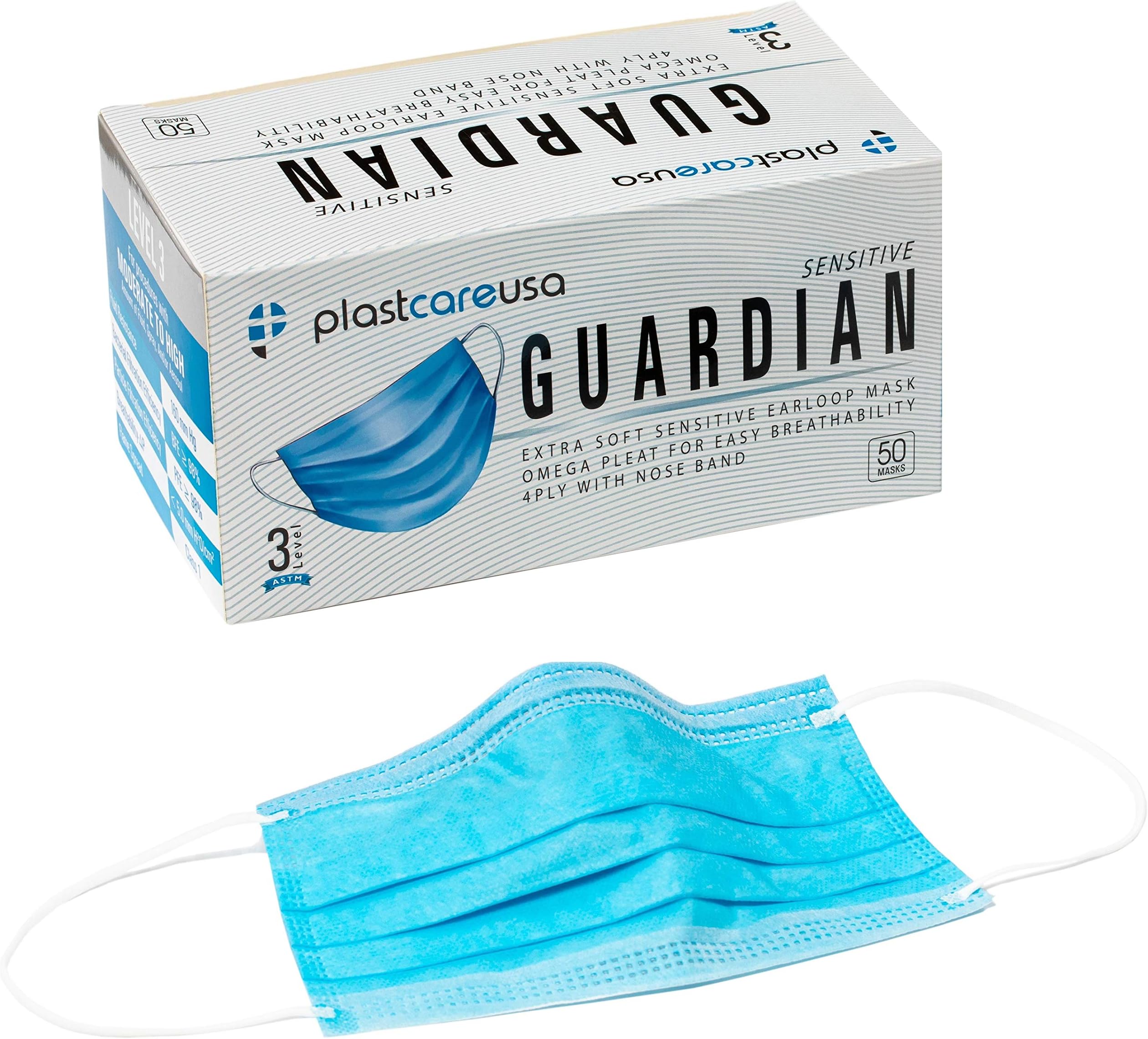 PlastCare USA100 4-Ply ASTM Level 3 Face Masks, Disposable (Blue) (2 Boxes of 50)