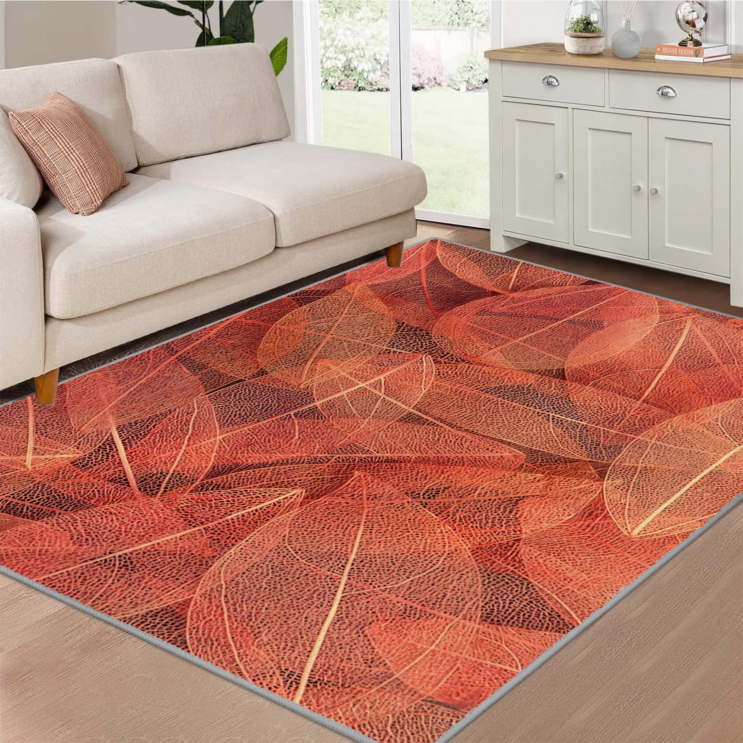 Großer waschbarer Kurzflor-Teppich 200x300 - Blätter Rot Teppiche - Naturästhetik Dünn Saugfähig Vielseitig Carpet für Wohnzimmer Schlafzimmer Oder Als Bettvorlege S&1900