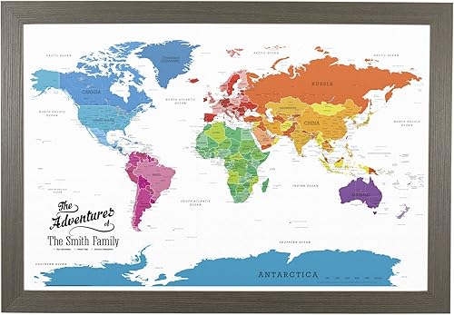 Vista 25 de Lienzo - Mapa de viaje personalizado con diseño colorido del mundo con marco negro rústico
