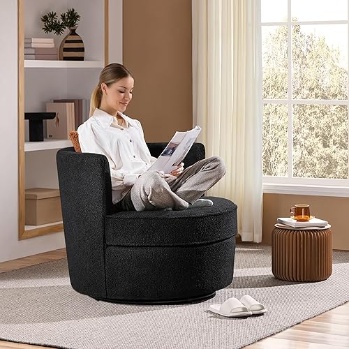 Yaheetech Swivel Accent Chair, 360° Boucle Swivel Barrel Chair, Soft Upholstered Swivel Arm Chair with Removable Throw Pillow, Sofa Sherpa Round Chair for Living Room Bedroom Reading Black