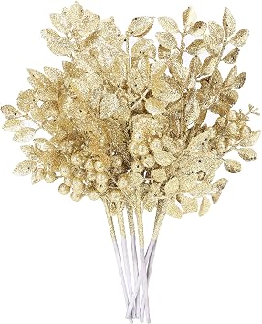 Sea Team 6-Pack Glitter Bay Leaf with Berries Sprays, Gold | 16-Inch Decorative Stems, Twigs, Picks, Sticks, Ornaments, Branches for Christmas Tree, Small Vase, Flower Bouquet