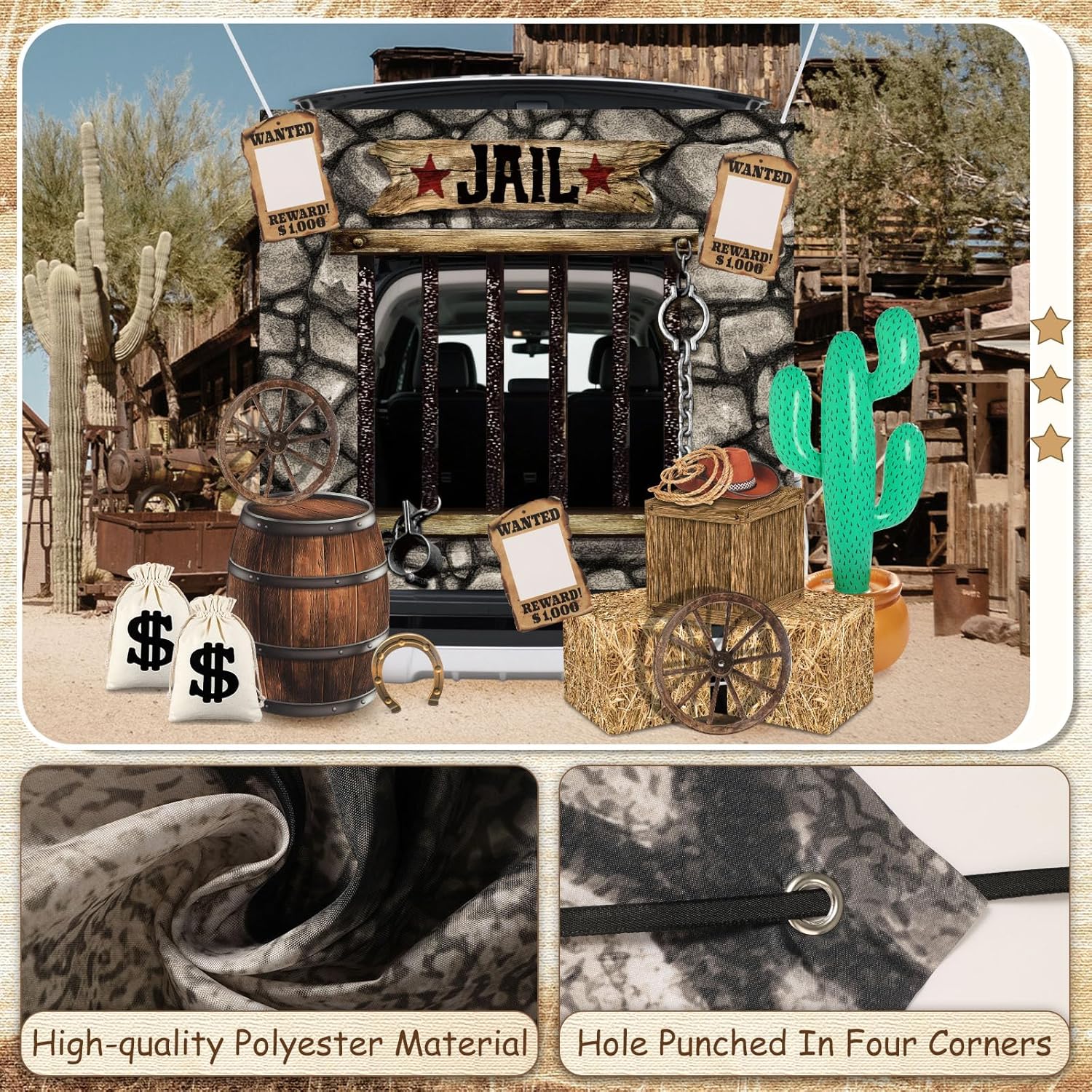 Soulchen 15 Pcs Western Cowboy Decor Halloween Farm Trunk or Treat Car Prison Cell Photo Prop Hay Bales Boxes Wagon Wheel Inflatable Cactus for Murder Mystery Crime Scene Party Background(Grey Brick)