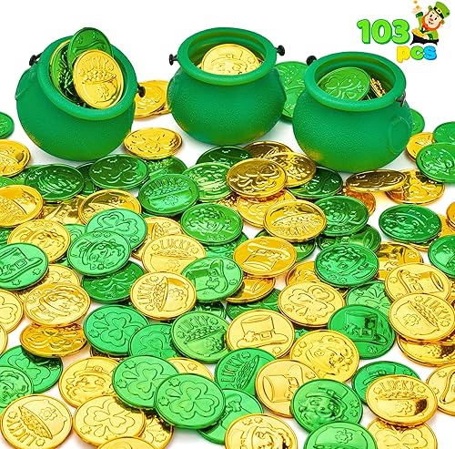 Miniatura 8 de JOYIN Juego de 103 calderos del día de San Patricio con 3 calderos verdes pequeños y 100 monedas de plástico de duende trébol para decoración de
