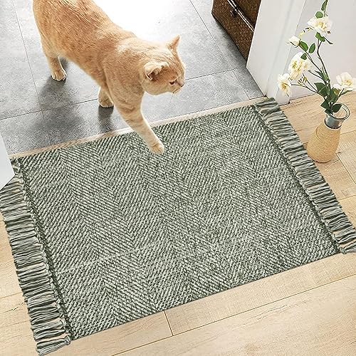 Miniatura 6 de Collive Alfombra de baño pequeña, de 2 x 3 pies, tejida a mano, de perfil bajo, alfombra de entrada delantera, color verde olivacrema, reversible,