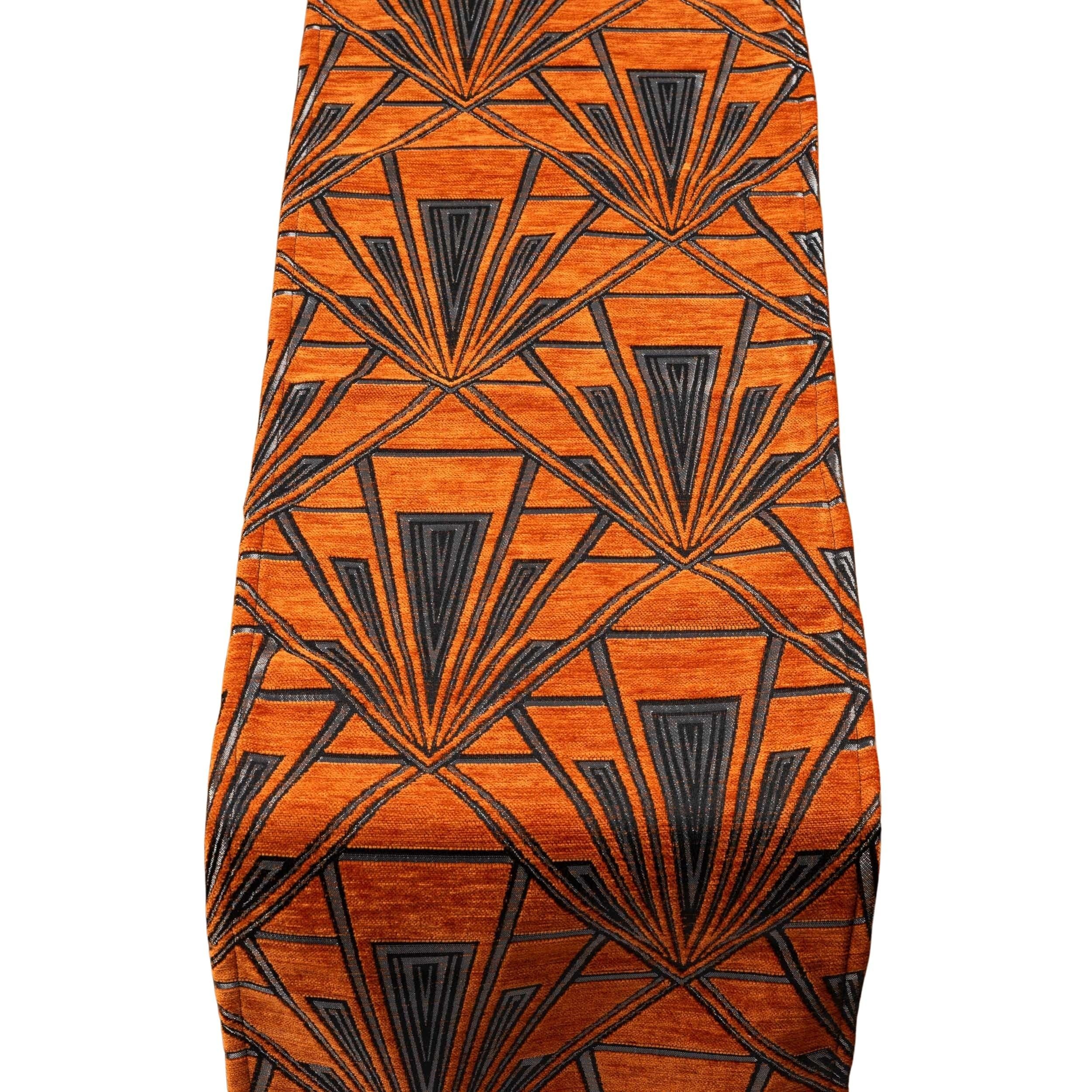 Art Deco Geometric Table Runner in Burnt Orange and Metallic Silver. Traditional Soft Velvet Chenille. 20s and 30s Vintage Style. Available in Two Sizes (30cm x 180cm)