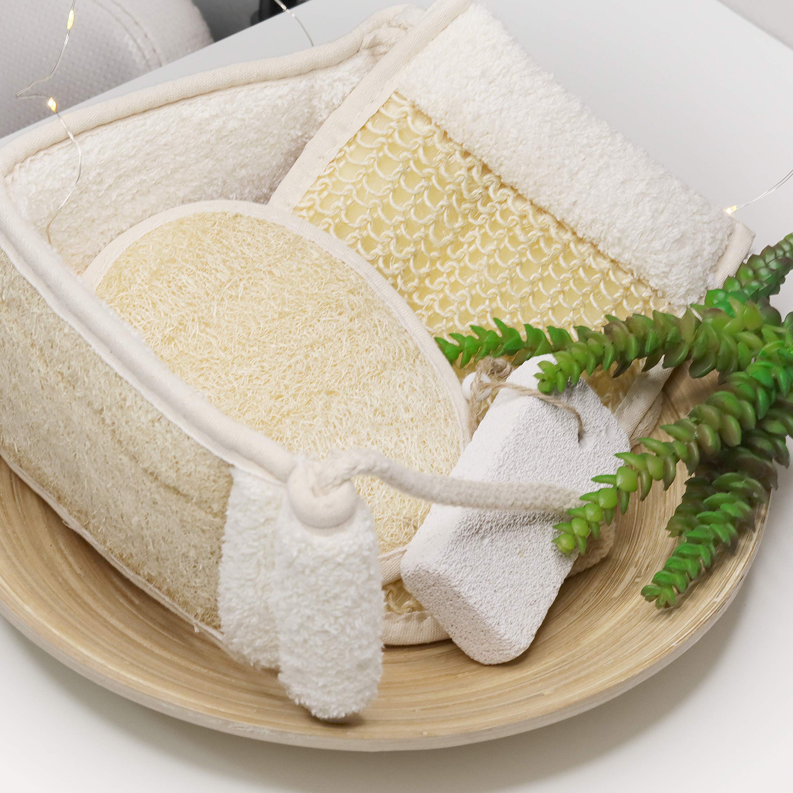 Coimoon - Set di 4 scrubber esfolianti naturali da bagno con setole di sisal, guanti, luffa, viso e corpo, spugnetta per viso e corpo, pietra pomice, esfoliante per la schiena (confezione da 4)