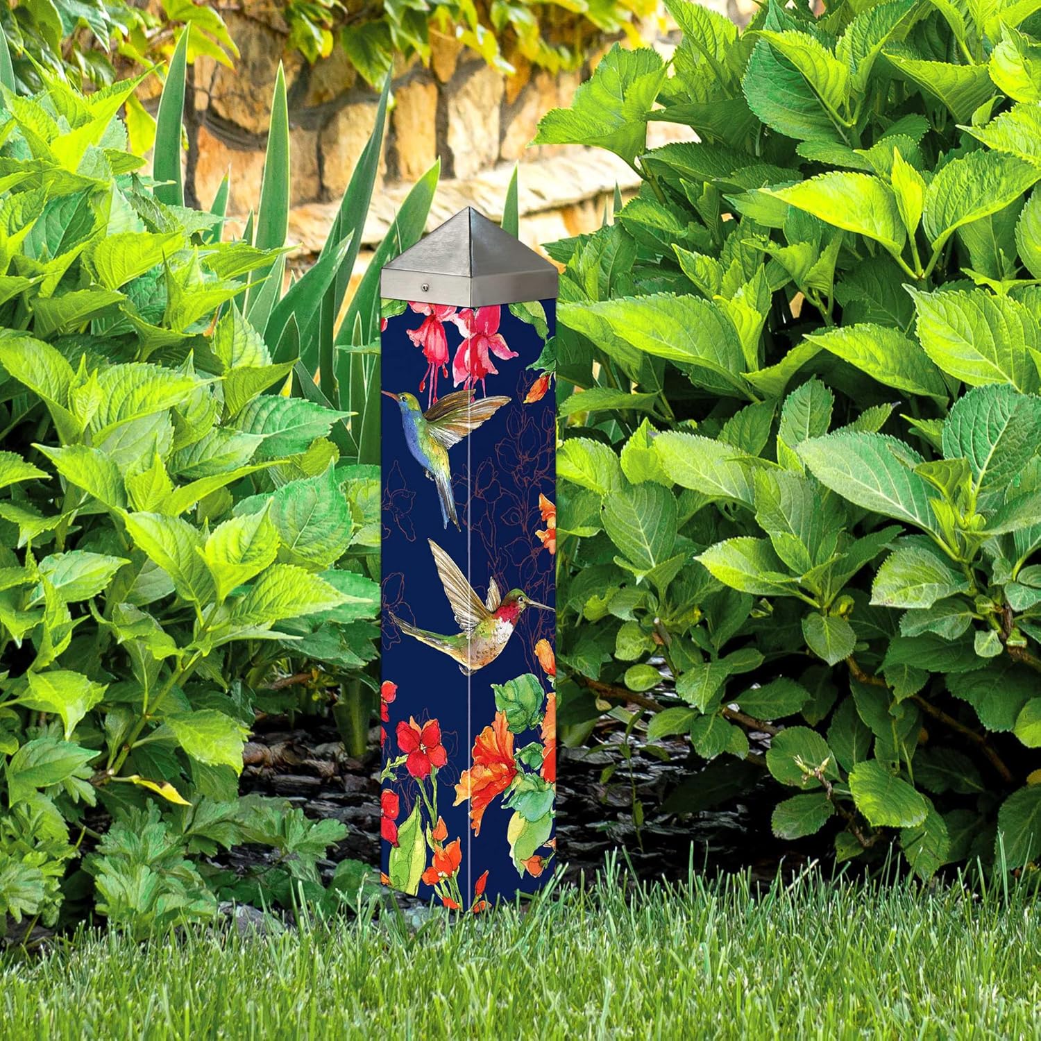 Studio M Art Pole Hum Harmony 20 Inch Weather Resistant PVC with Vinyl Wrap Outdoor Decorative Accessory for Landscaping Gardens and Yards Navy Blue and Orange Floral Hummingbird