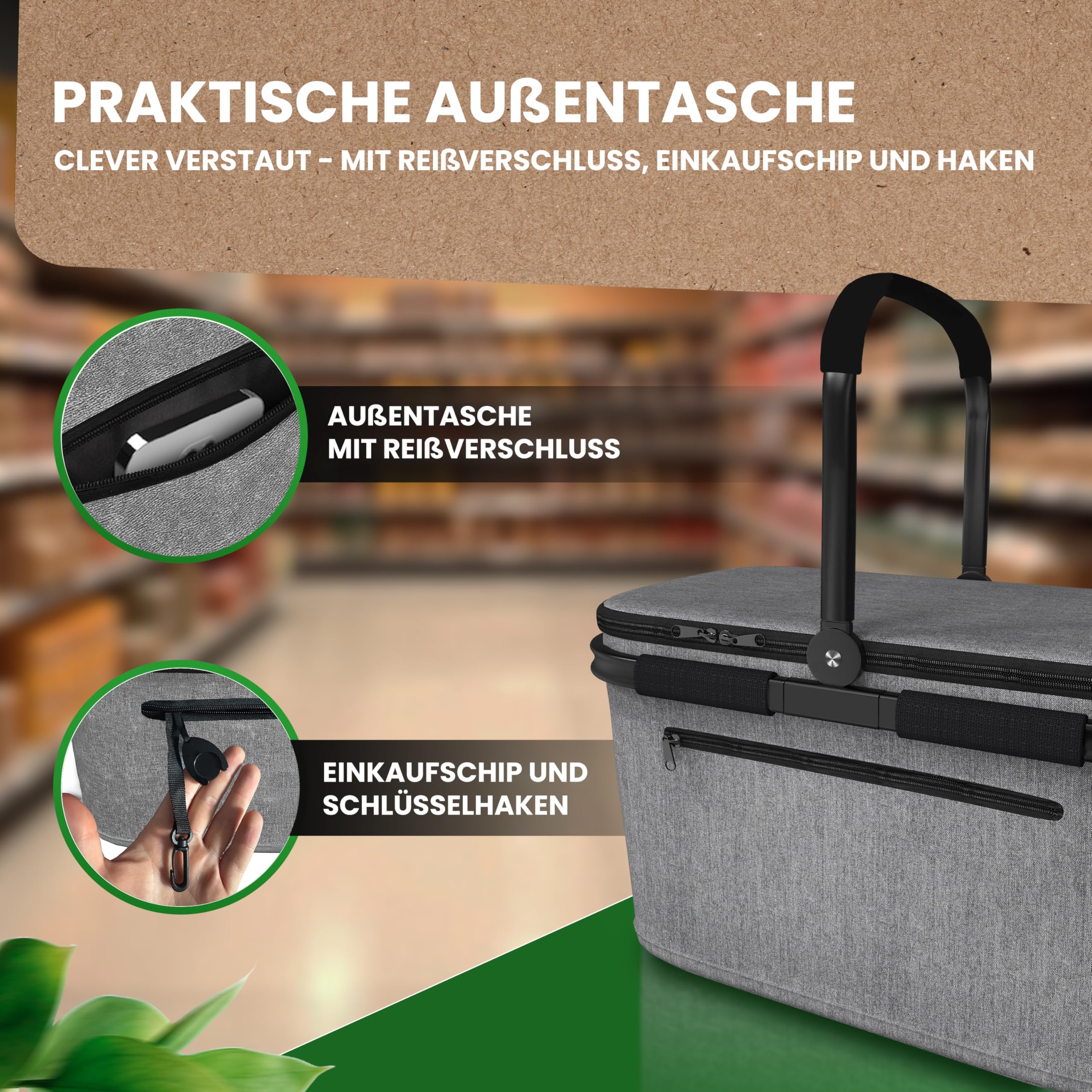 COTTARA Cesta de la compra térmica grande, aislada con tapa, base reforzada, compartimento frontal con cremallera, ideal como cesta refrigeradora o cesta de picnic (gris)