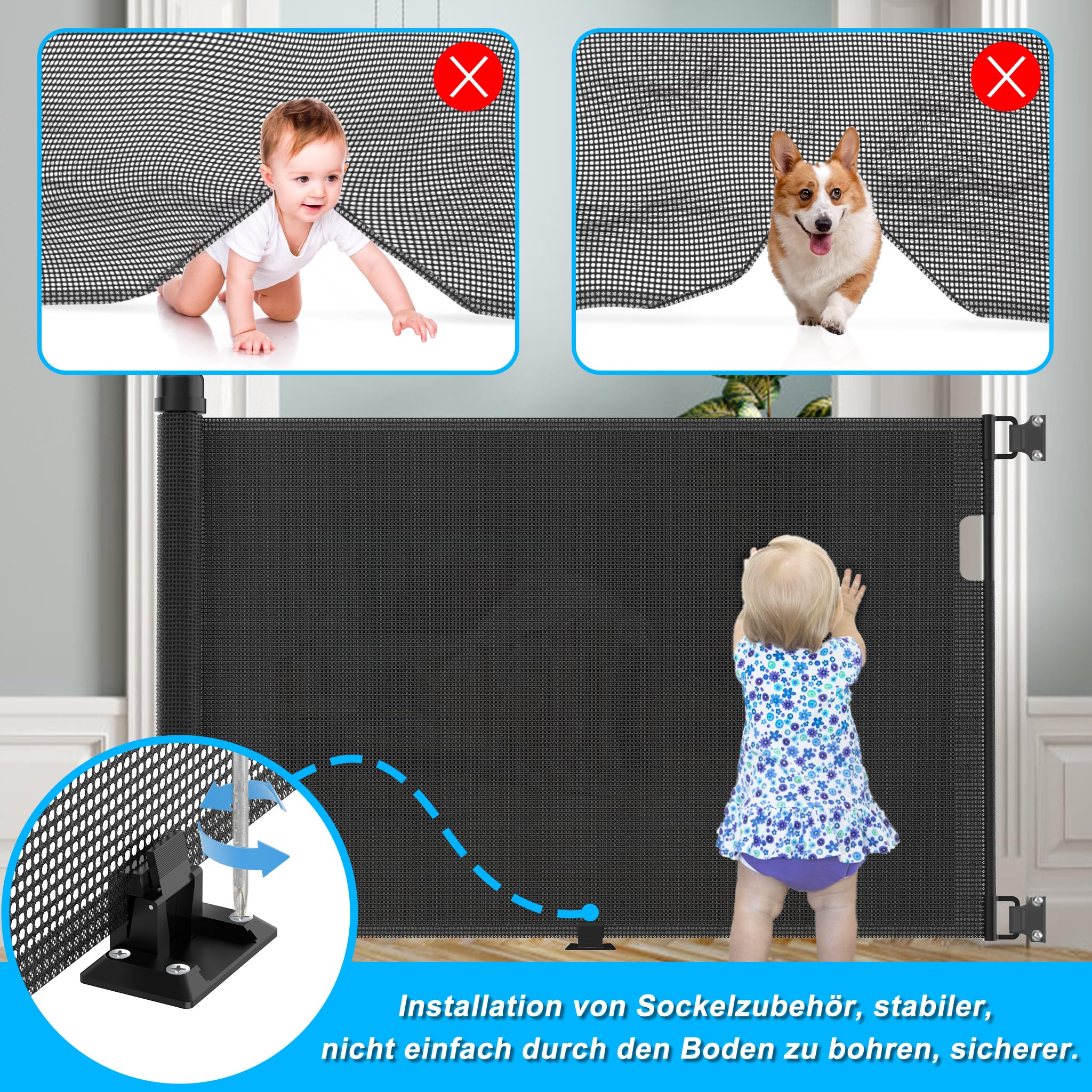 LARS360 Rejilla de protección para puerta extensible, 0-300 cm, estor protector de escaleras para bebés, puerta retráctil, barrera para perros, separador de seguridad para interiores y exteriores