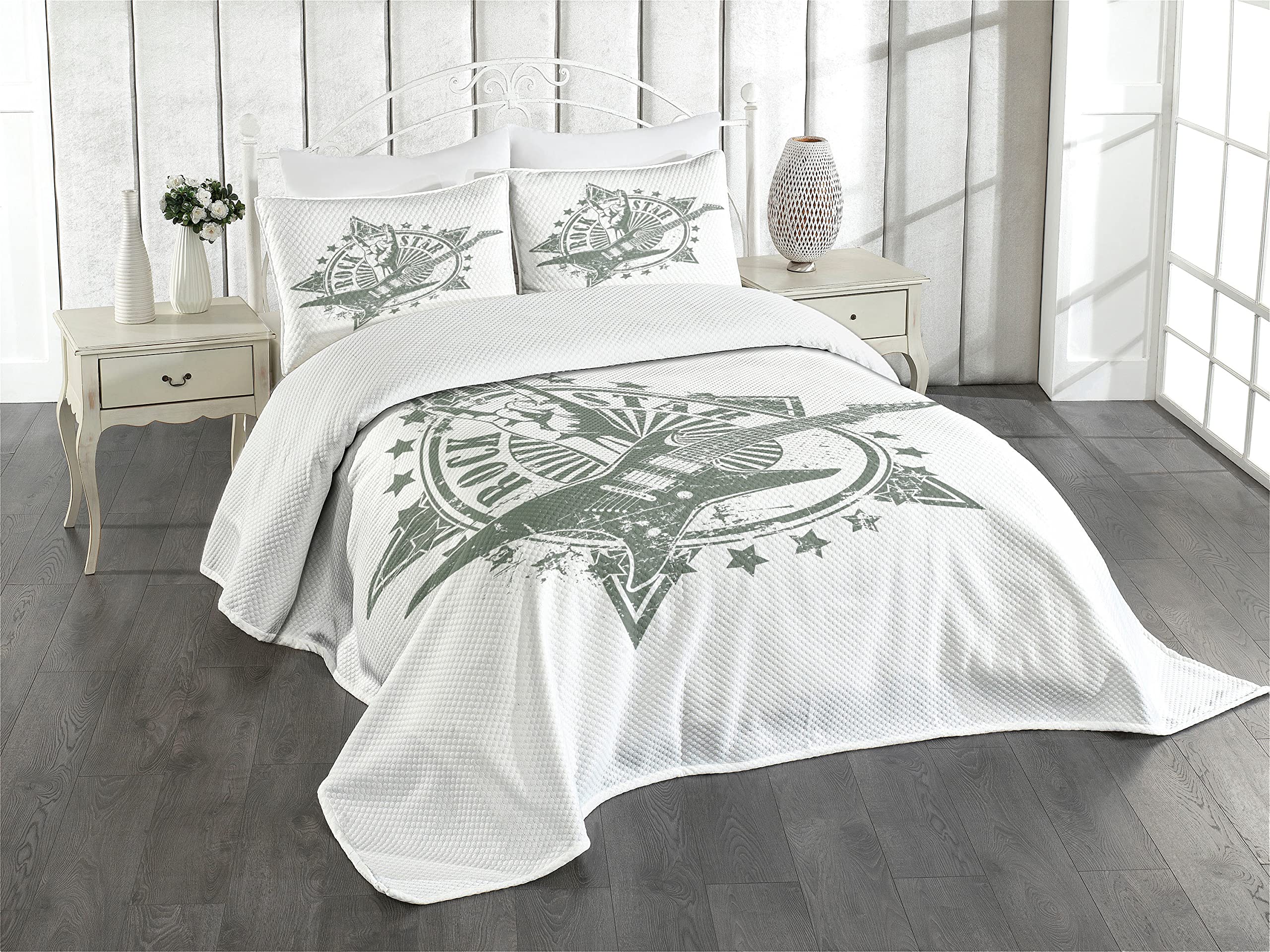 ABAKUHAUS Guitar Bedspread Set, Rock Star Lifestyle, Decorative Quilted 3 Piece Coverlet Set with 2 Pillow Shams, Pale Charcoal โ image 1
