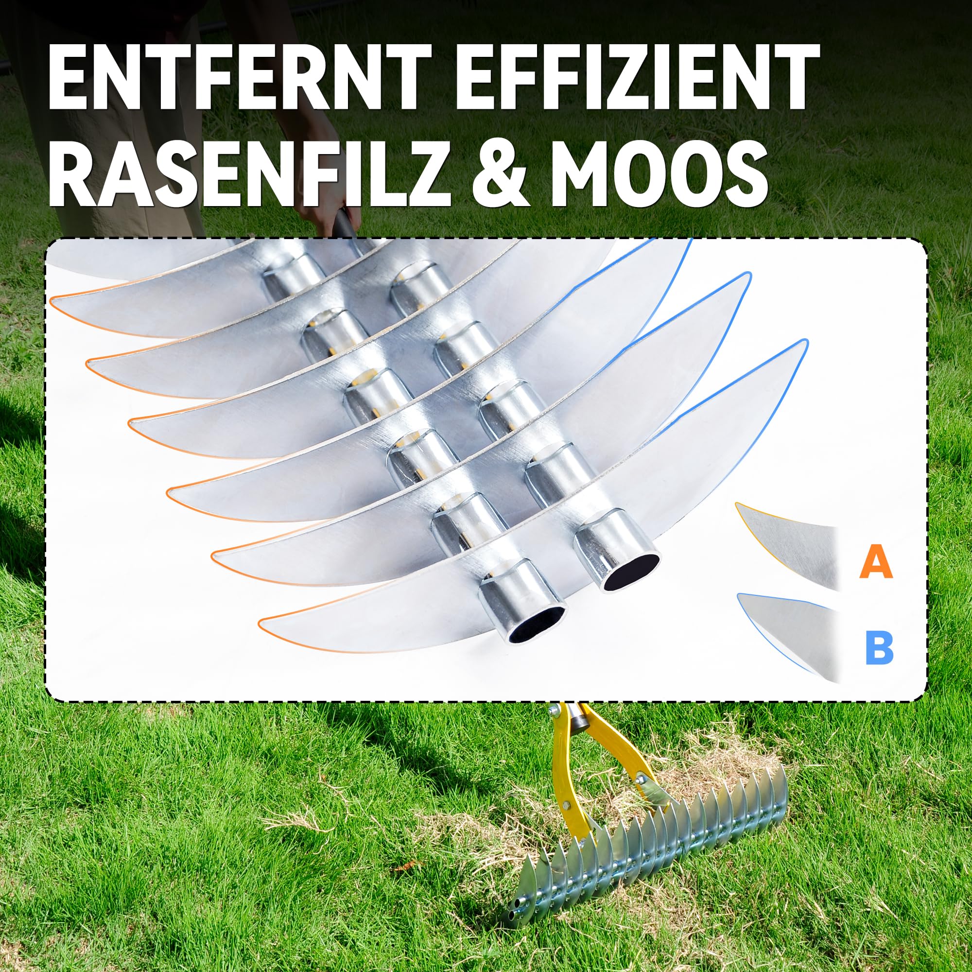 Gartenrechen Vertikutier-Rechen für den Rasen, 38 cm Verstellbarer Rechenkopf, Dethatcher zum Entfernen von Rasenfilz, Moos & abgestorbenem Gras mit 1,9M Griff, Stahl-Rechen für Hof