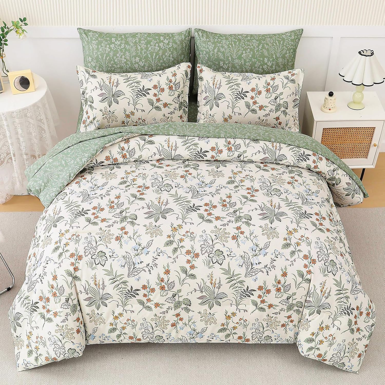 WONGS BEDDING Floral Comforter Set King Size,7 Pieces Bed in a Bag Flower Bedding Sets Botanical Microfiber Comforter Soft Loghtweight Bed Set with Sheet,Pillowcases&Shams - Image 3
