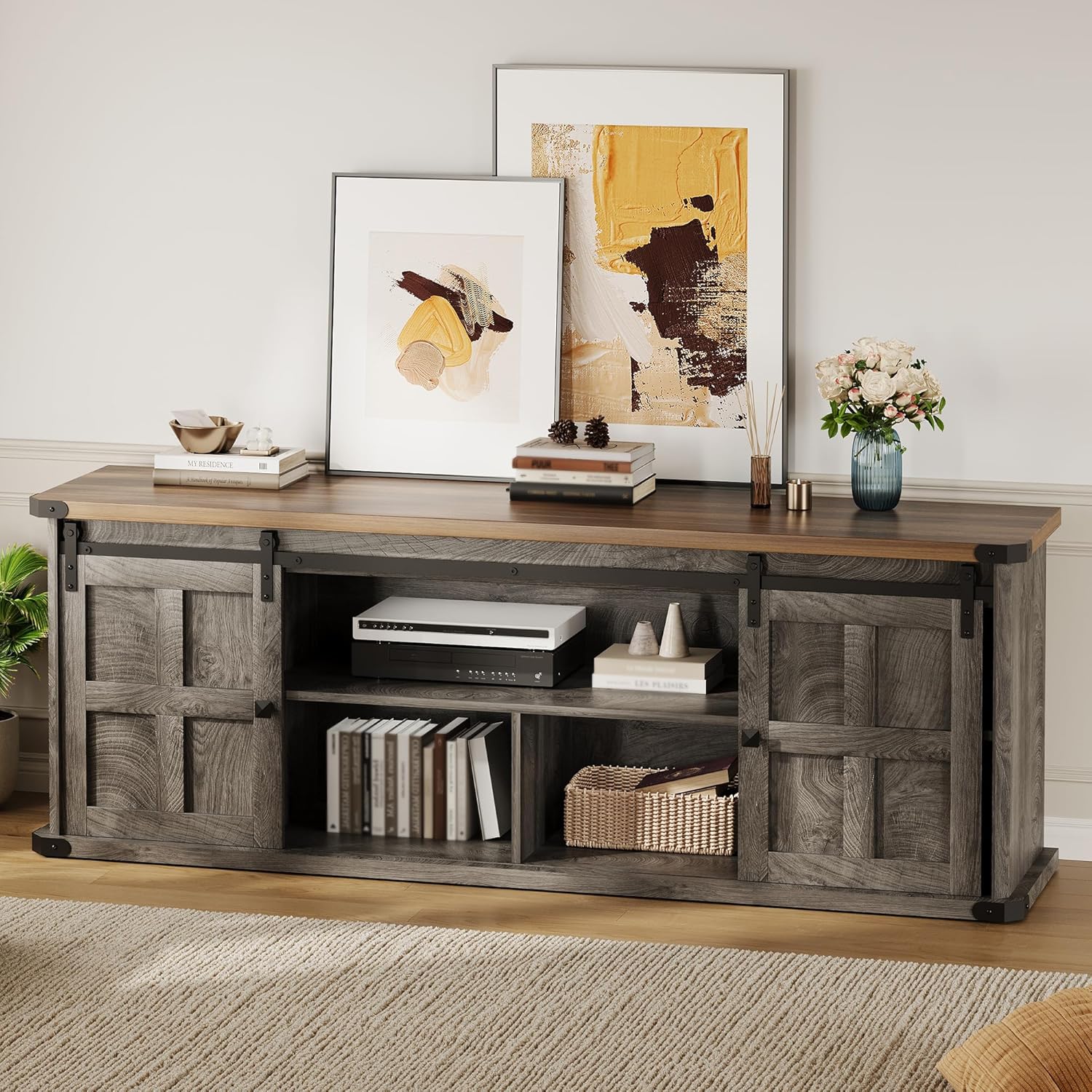 IDEALHOUSE Farmhouse TV Stand for 75 Inch TV, Entertainment Center with Storage Cabinets and Sliding Barn Doors, Media TV Console Table for Living Room Bedroom