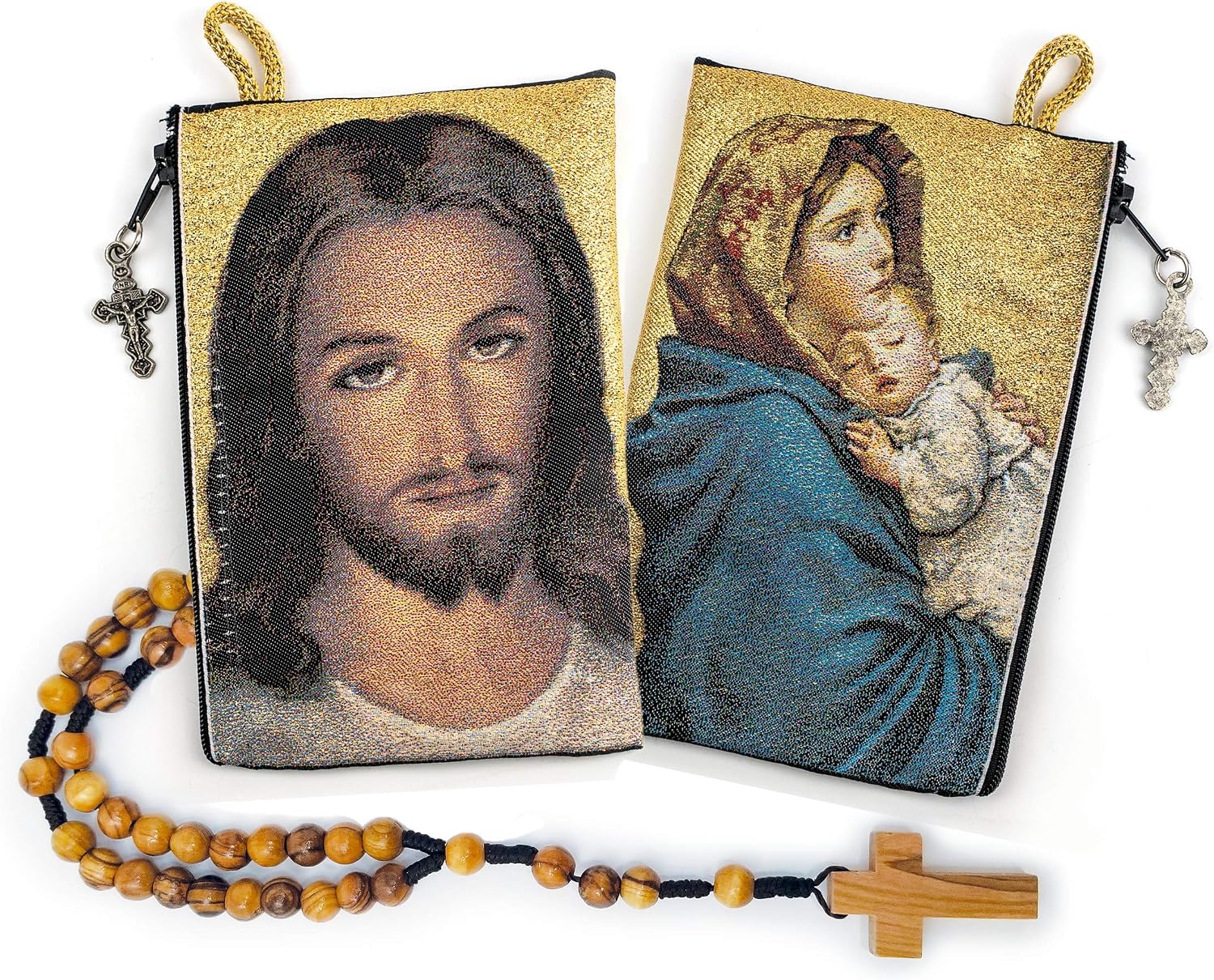 Logos Trading Post Olive Wood Catholic Rosary & Woven Rosary Pouch Gift Set