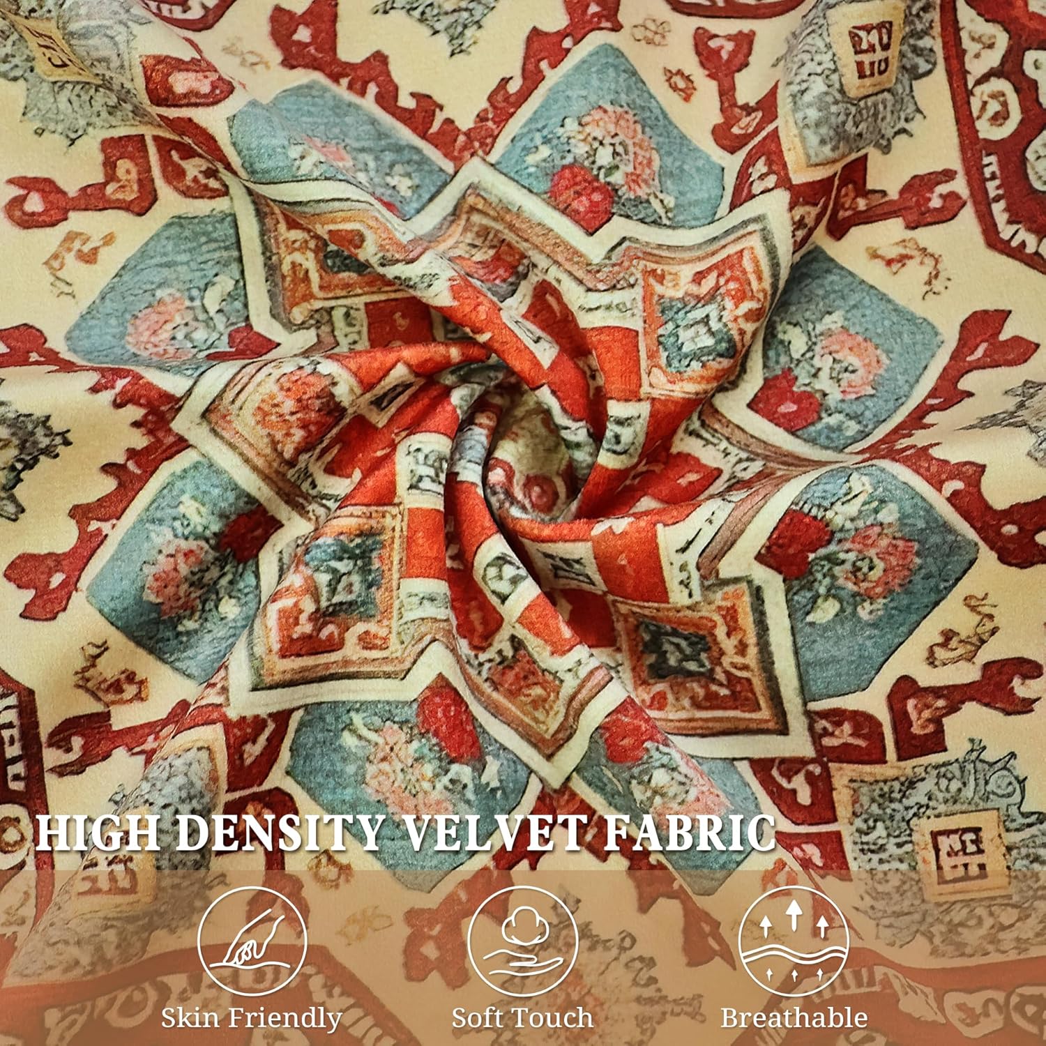 Boho Soft Velvet Throw Pillow Covers 24x24 in Vintage Persian Aztec Rug Tribal Pattern Pillowcases, Antique Ethnic Decor, Geometric Pattern Cushion Cover for Sofa Living Room, Orange, 2 Pack