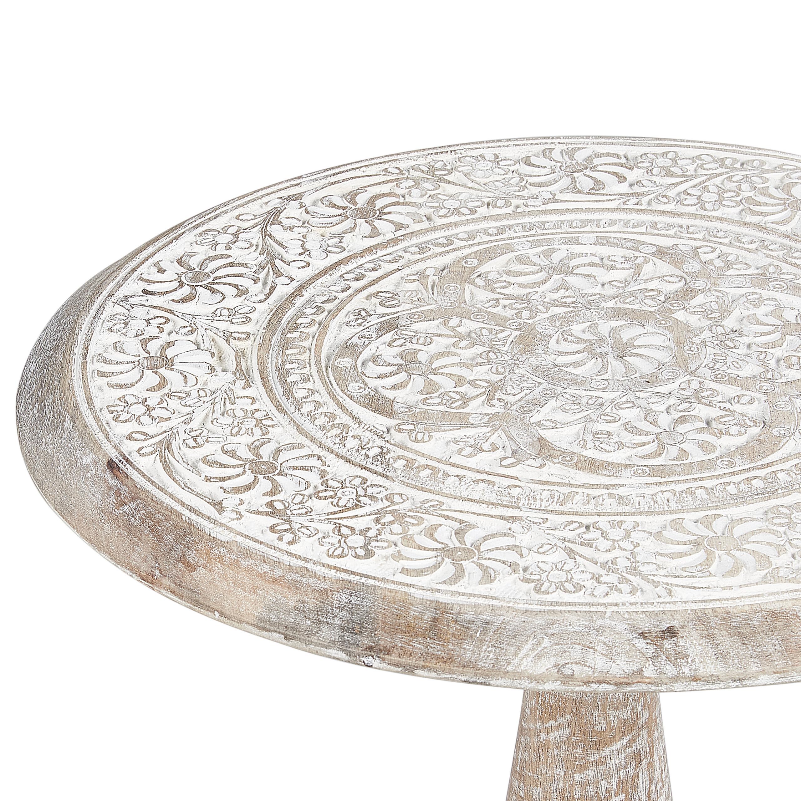 Beliani Table d'Appoint Blanc Cassé en Bois de Manguier Guéridon à Plateau Sculpté Jambia