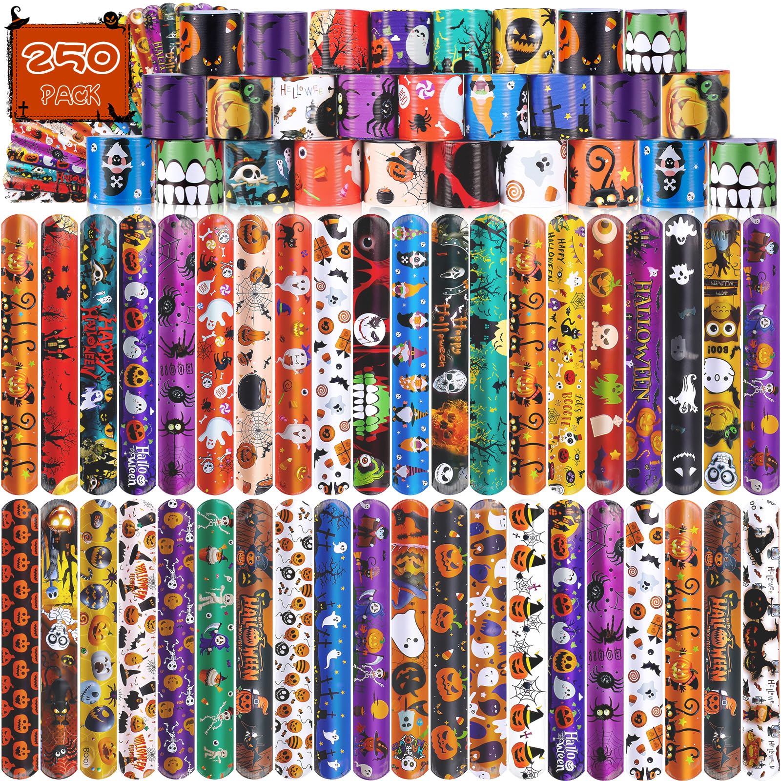 LUYI 250 PCS Halloween Slap Bracelets，Halloween Party Favors Supplies -50 Different Designs Bracelets Bulk for Halloween Decorations Treat Toys Bag