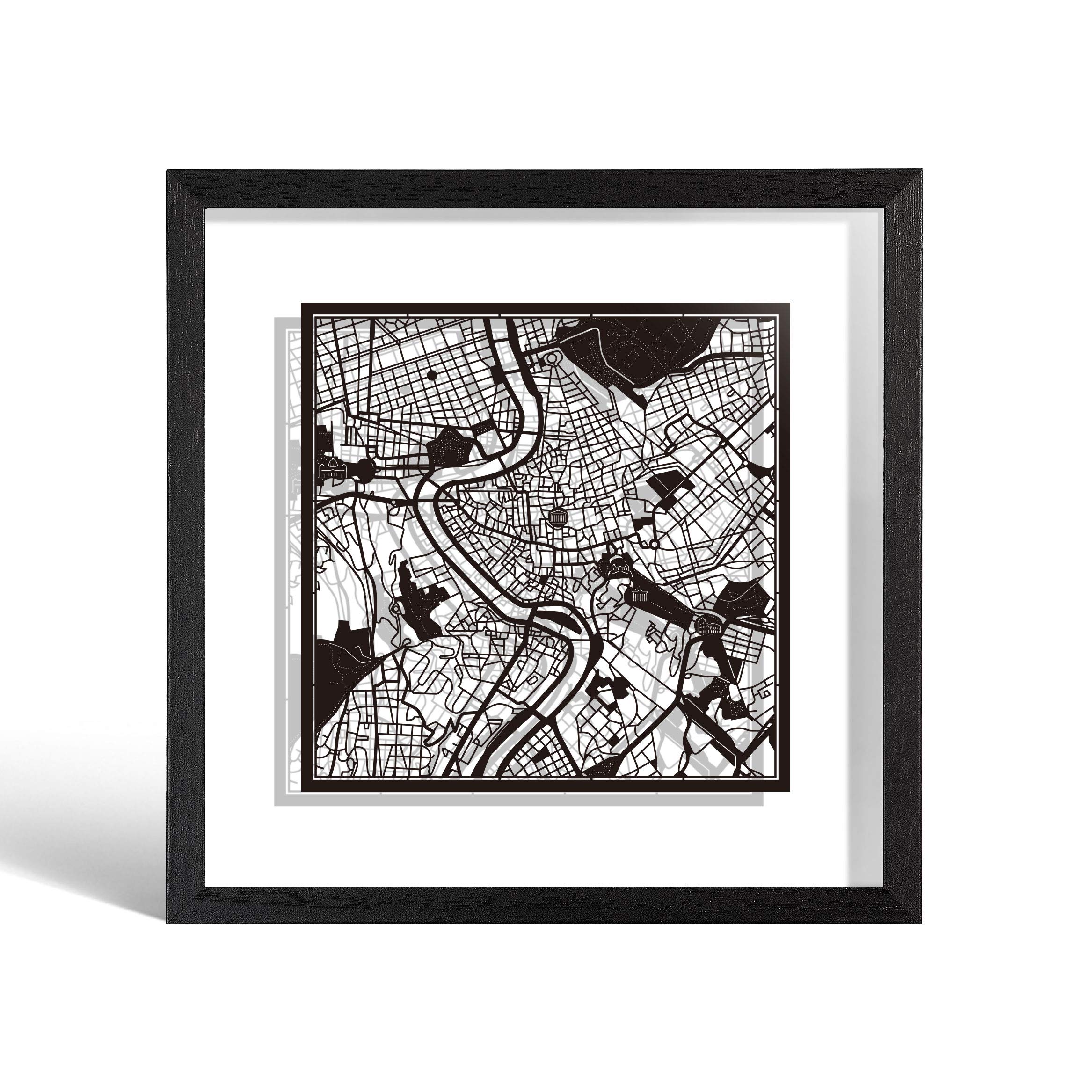 O3 Design Studio Rome Cut Map Framed, Black map, Black Frame, 9x9 inches, Paper Cutting Art Work, Gift Boxed, 2 Background Color, self-Changing, Wall Art