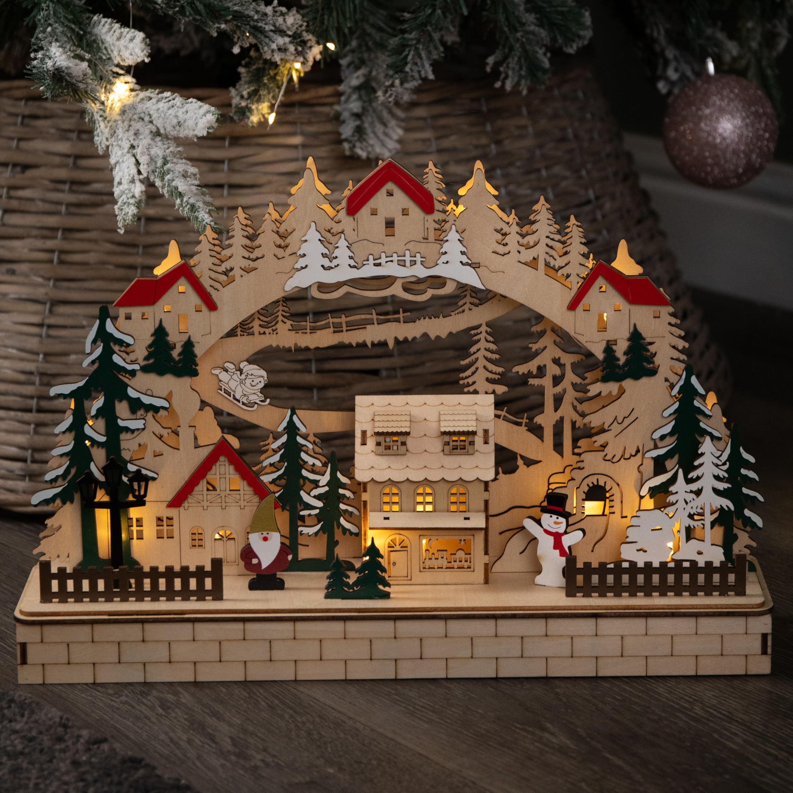 Samuel Alexander White/Red/Green 40Cm Battery Operated Wooden Christmas Alpine Scene With Leds