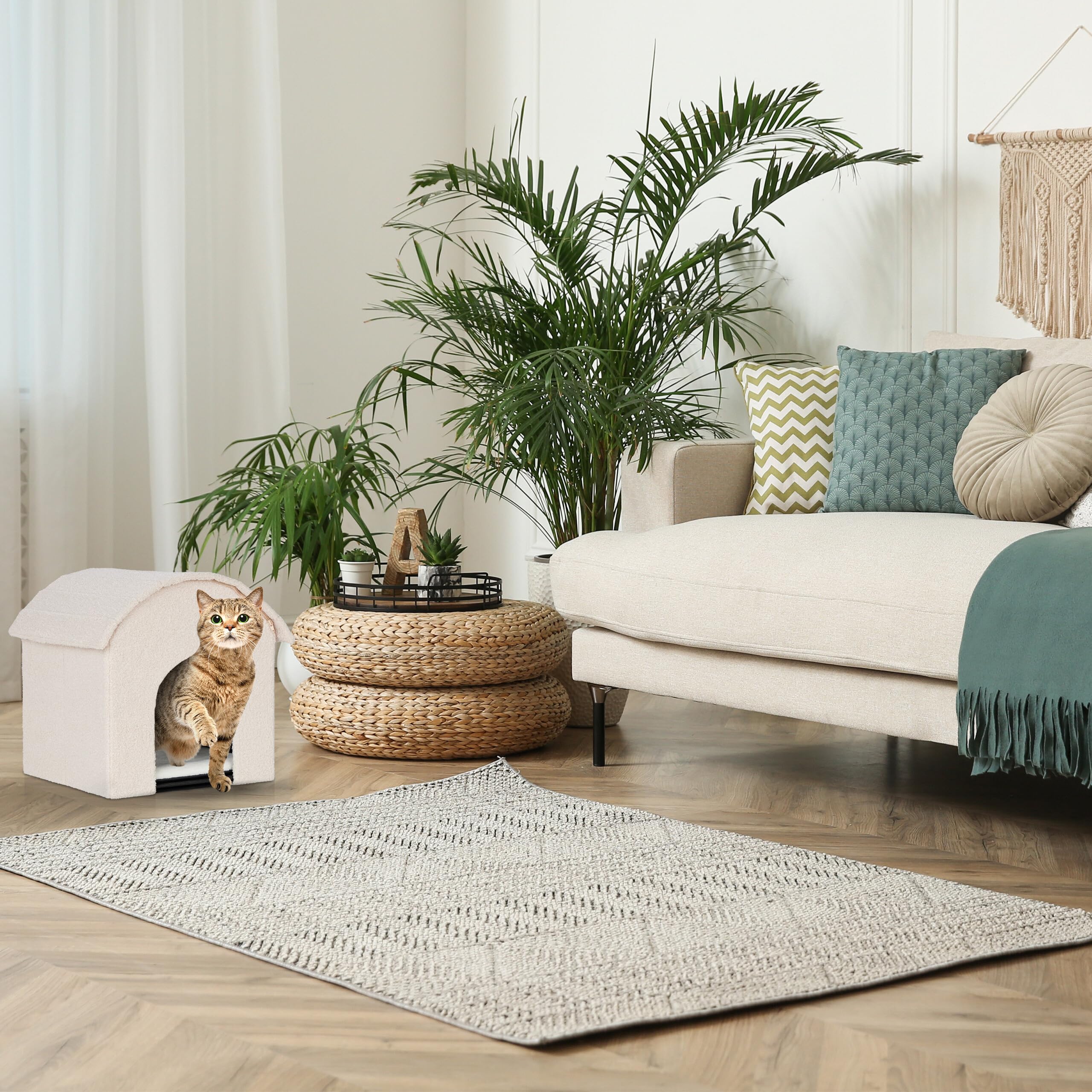 Relaxdays Niche pour Chat, Pliable et Moelleux, Lieu de Refuge, Surface à griffer, H x L x P : 44 x 48 x 41 cm, Beige