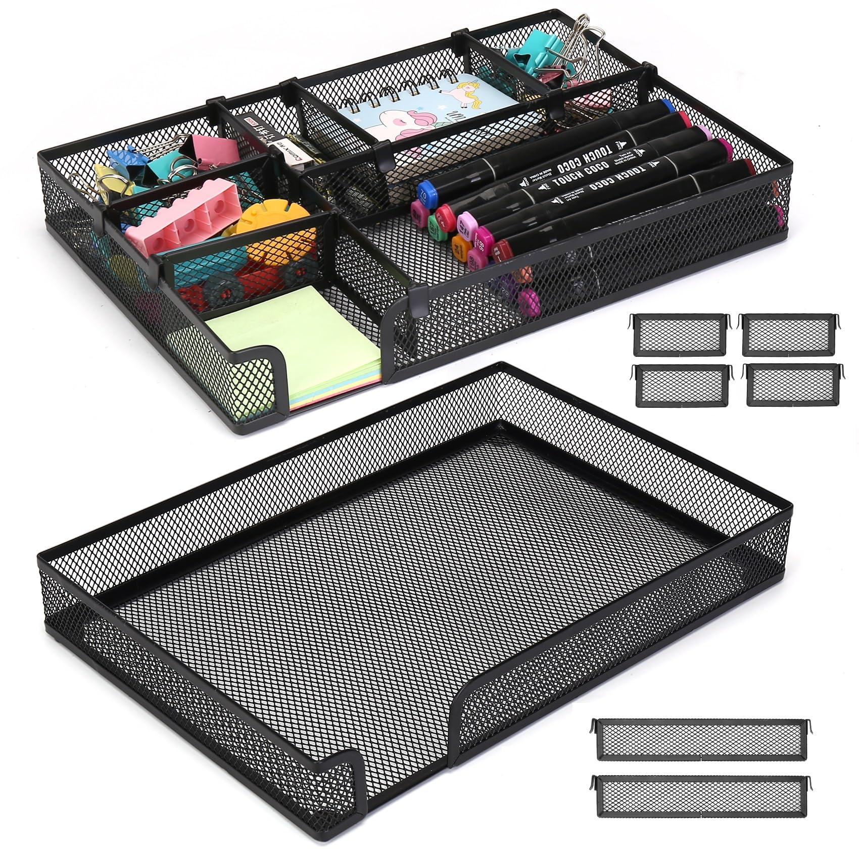 EsOfficce 2PCS Desk Drawer Organizer Tray with 6 Adjustable Compartments, 7 Grid Metal Mesh Drawer,Multi-use Desk Organizer Storage Box Set for Office,Home,School Supplies, 12.6 * 8.7 * 1.8 inch