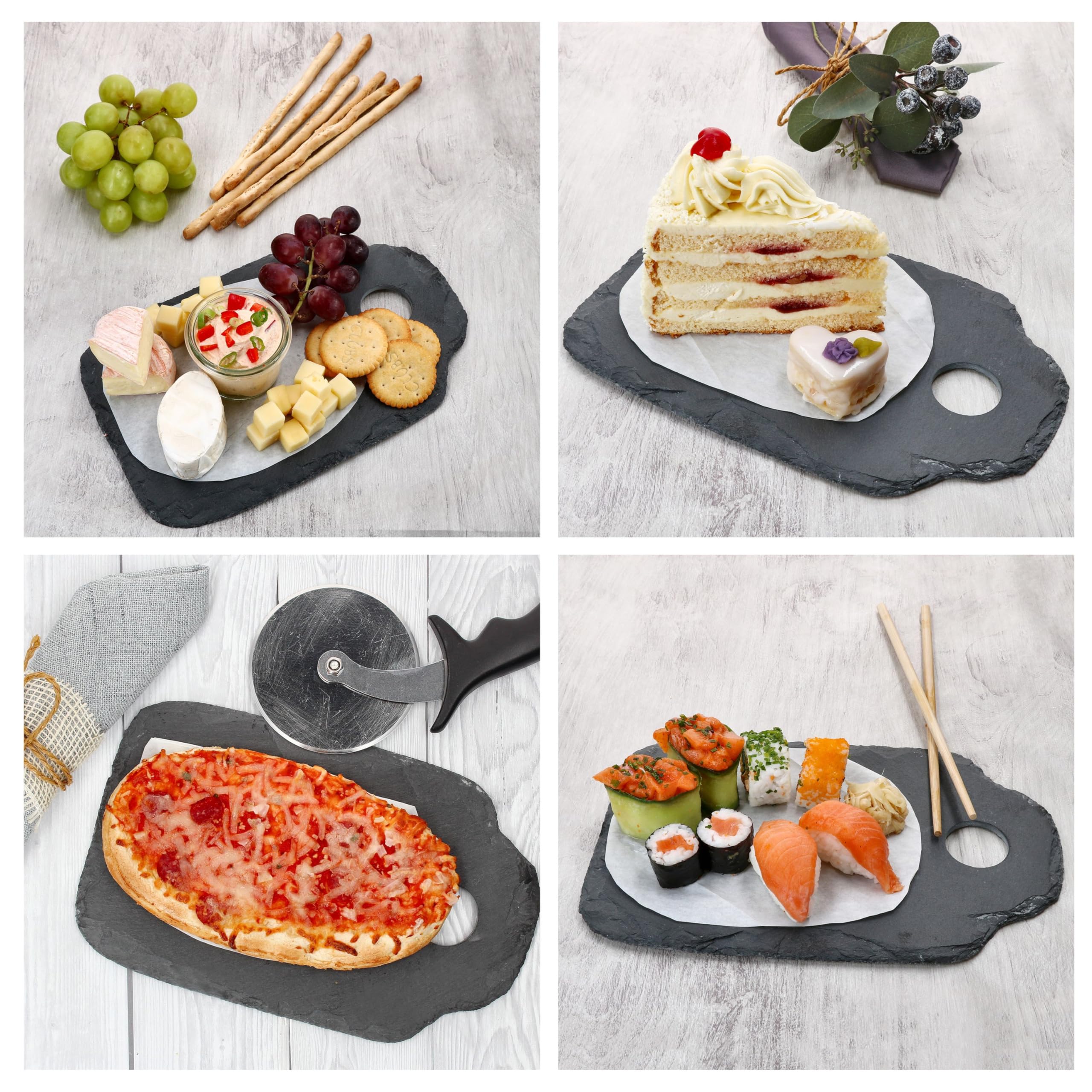 Ritzenhoff & Breker Set di 12 piatti rotondi in ardesia, 212 x 16,5 cm, neri con bordo di rottura rustico, manico e foro, ideali come piatto per formaggi, salumi o antipasti