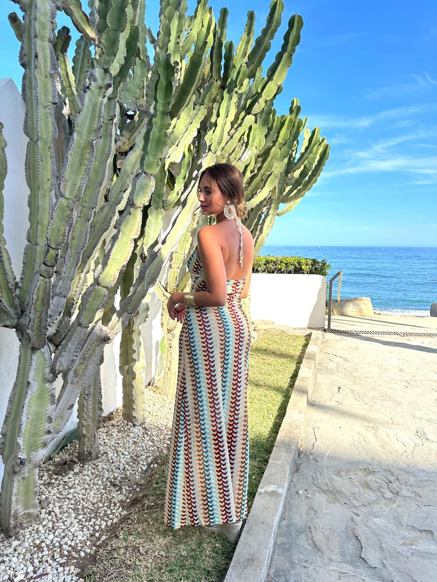 Breezy Lane Damska szydełkowana sukienka maxi seksowna bez pleców w paski bodycon wiązana na szyi dzianinowa letnia plaża wakacje okrycie