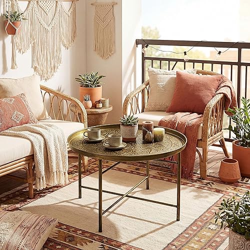 Miniatura 8 de HOMCOM 24" Round Coffee Table with Hammered Tray Top, Vintage Metal Center Table for Living Room, Bedroom, Side Table, Gold