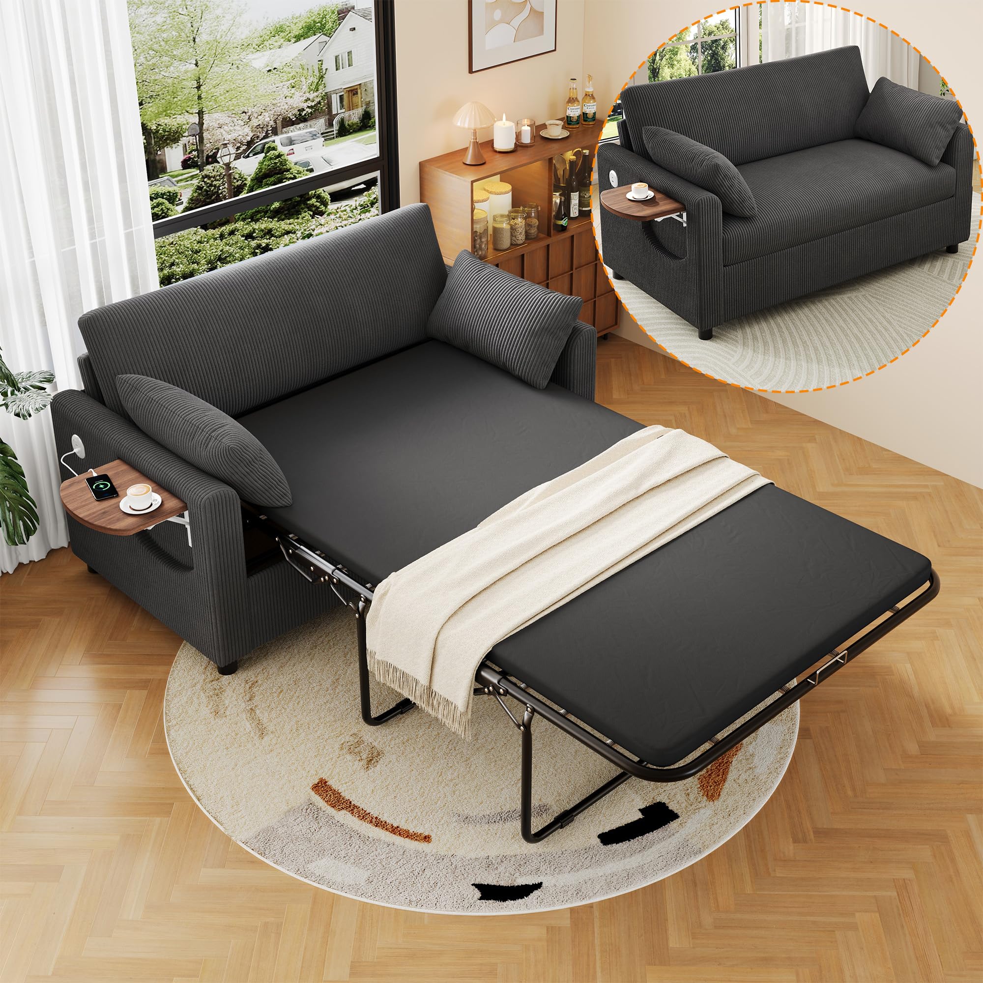 Divano letto 2 posti allungabile con funzione letto, porta di ricarica USB, tablet laterale pieghevole, materasso, due lenzuola e due cuscini, ideale per saloni e appartamenti