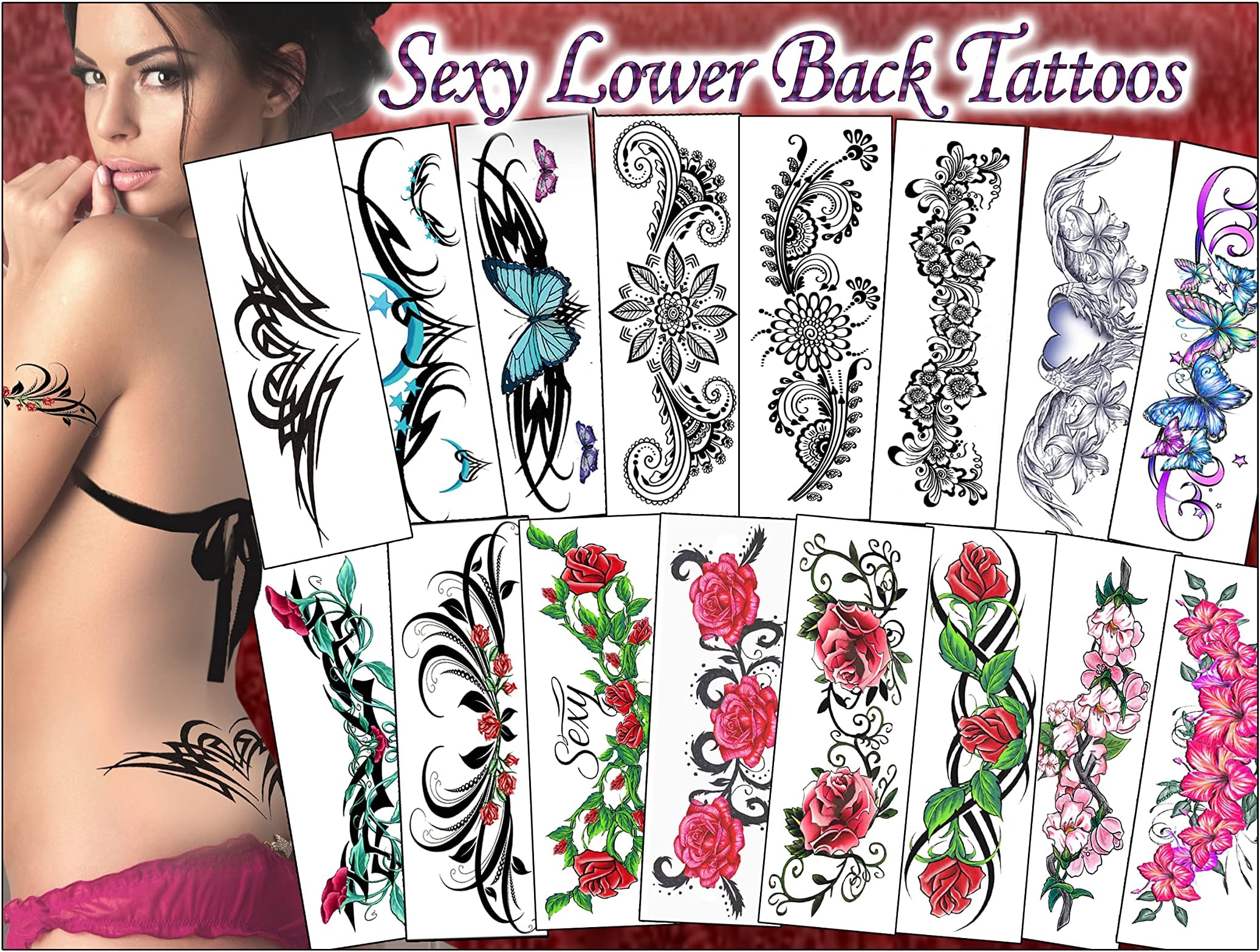 Tramp Stamp Tattoos, Long Lasting - Sexy, Realistic Fake Adult Temporary Tattoos for Women's Hip, Lower Back, Thigh, Arm Tramp Stamp - (16 Pack) multi