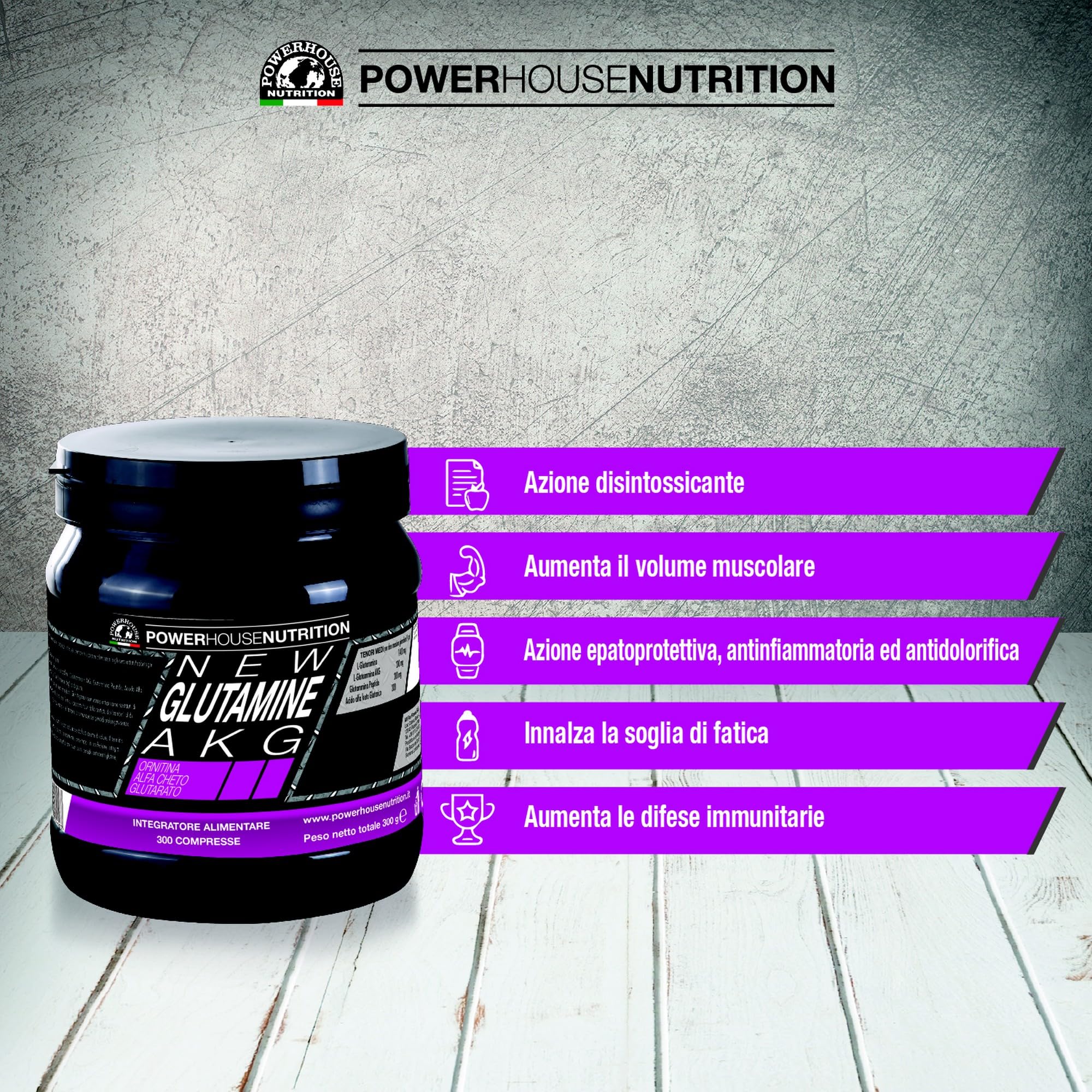 New Glutamine AKG Powerhouse Nutrition | Integratore Alimentare a Base di L Glutammina per Crescita Massa Muscolare | Glutammina Compresse | Innalza Soglia Fatica e Concentrazione (300 Compresse)
