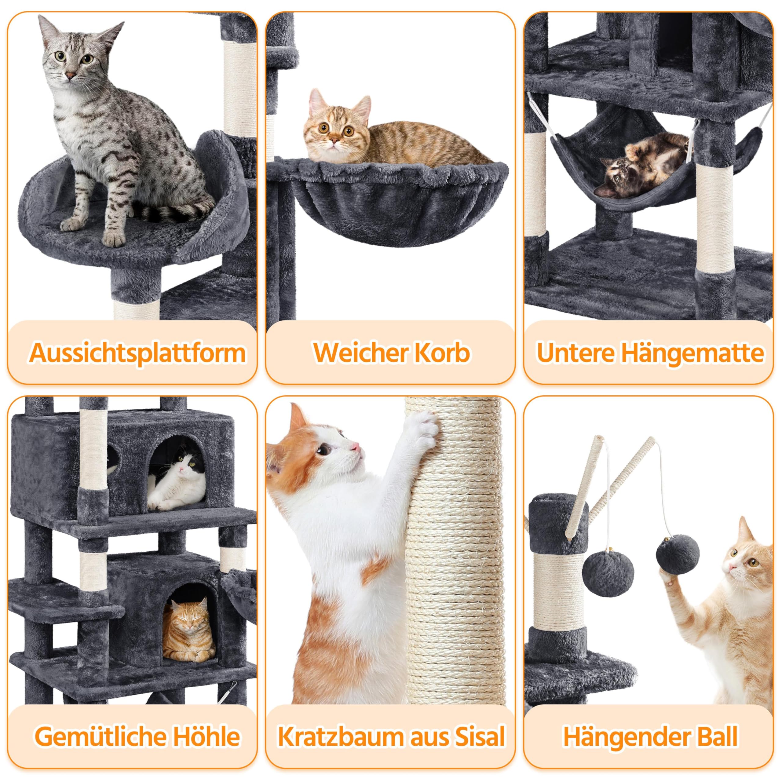 Yaheetech 170cm Kratzbaum Katzenbaum mit 3 Katzenangeln mit Ball dunkelgrau | FSC-zertifizierte Spanplatten | Mehrstöckiger Kratzbaum für Katzen | mit Kippsicherung | mit großer Katzenhöhle & Hängematte