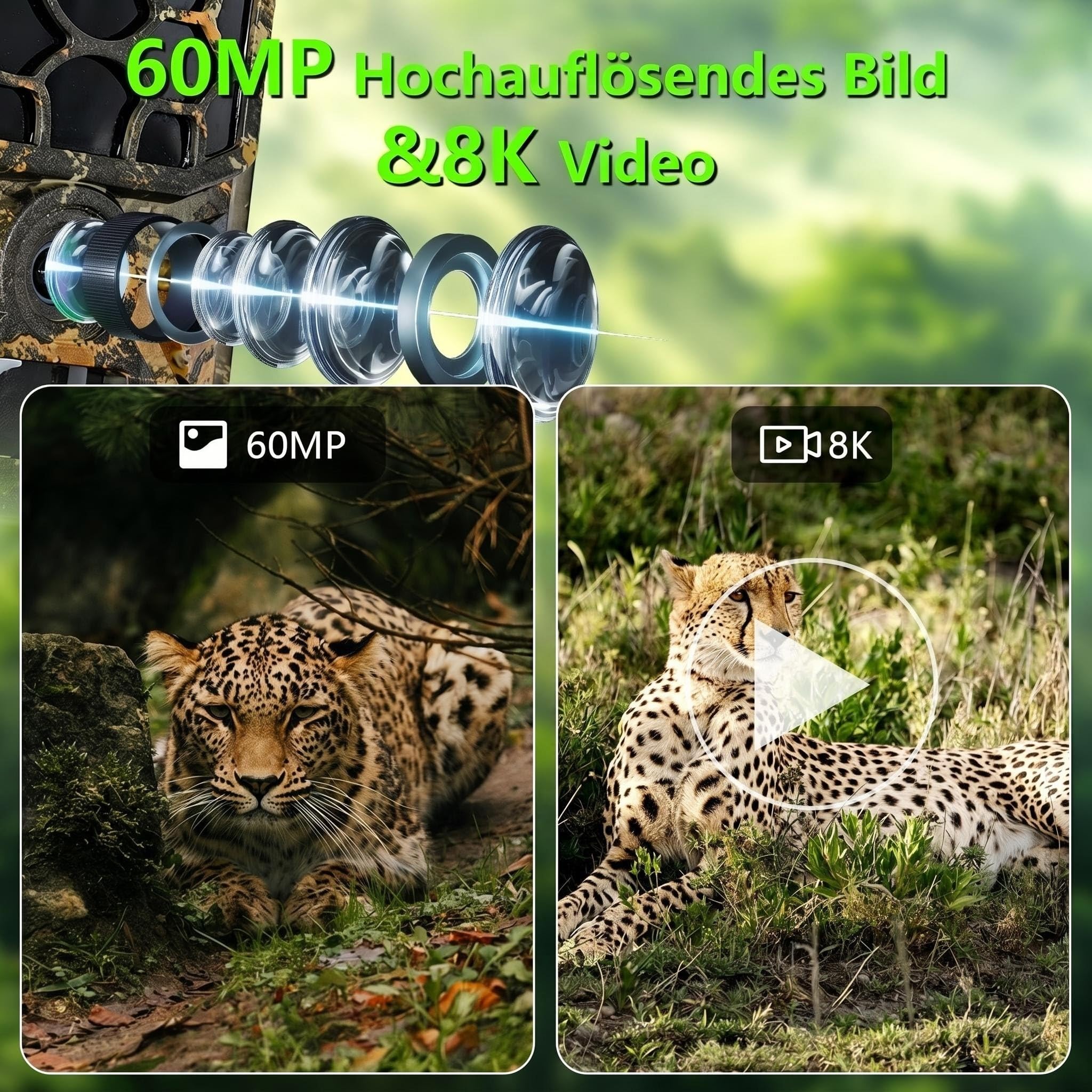 8KB Wildkamera mit WLAN & App Handyübertragung, 5K UHD 64MP Wildtierkamera, Eingebauter 7800mAh Akku wiederaufladbar + Solarpanel, 64GB SD-Karte, Infrarot-Nachtsicht, Bewegungsmelder, IP66 wasserdicht