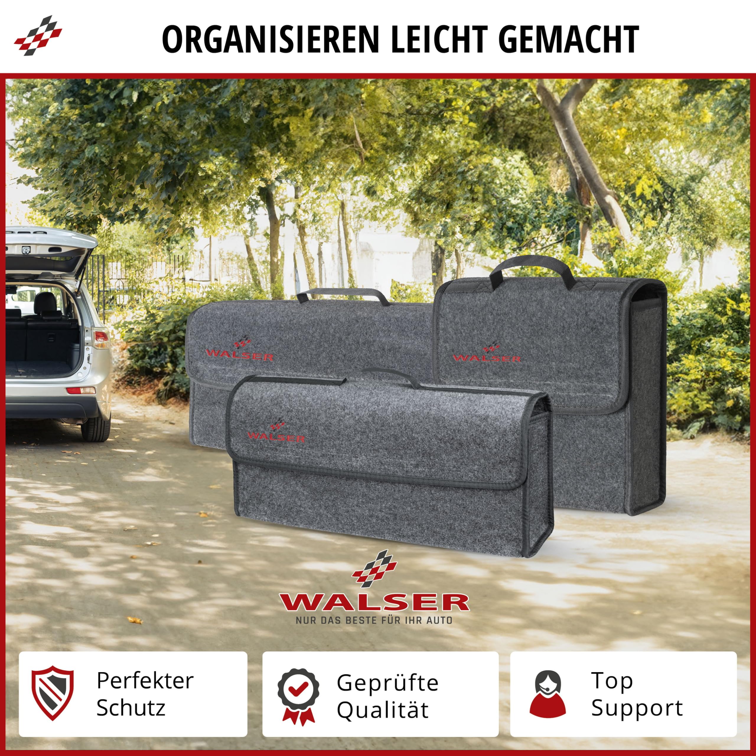 Walser Torba do bagażnika Toolbag rozmiar S, organizer do bagażnika z filcu igłowanego, torba samochodowa, torba do przechowywania samochodów osobowych, torba na narzędzia do bagażnika 29x28x13 cm szara