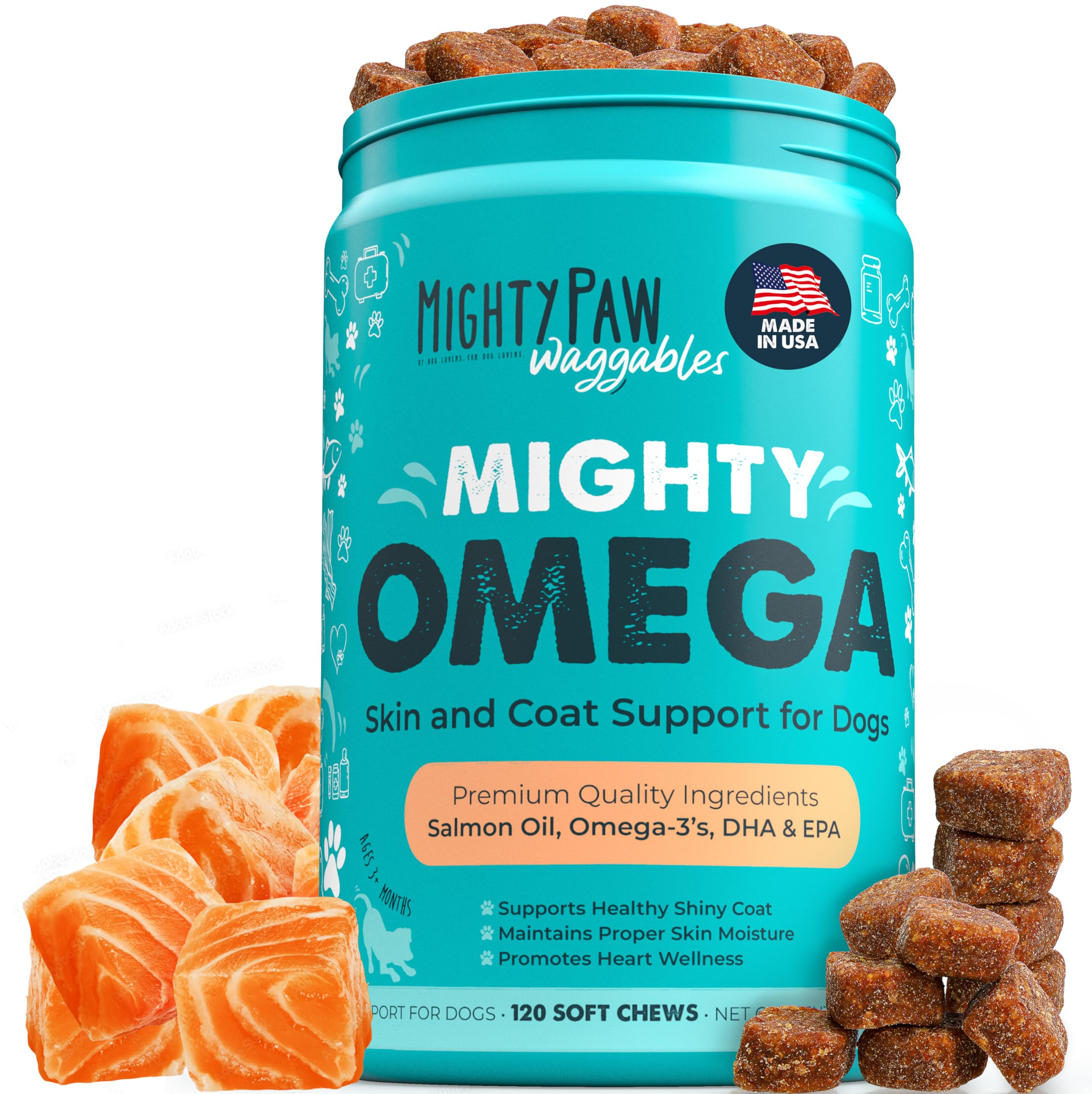 Mighty Paw Waggables Mighty Omega (Made in The USA, 120 Count) | Omega 3 Fish Oil Chew for Dogs. Salmon Flavor Skin and Coat Supplement. Soft Chew Fish Oil for Dogs - DHA & EPA, Bacon Flavor