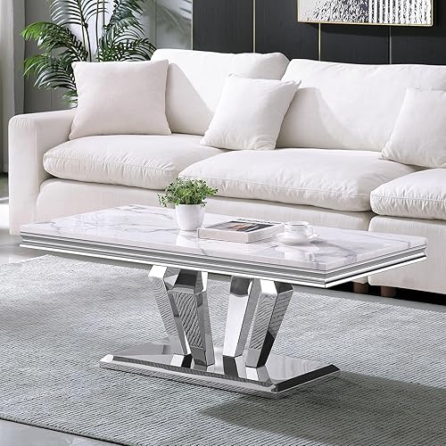 SSLine Mesa de Centro Rectangular de Mármol Sintético para Sala de Estar, Mesa Central Moderna de Mármol Blanco de Lujo con Base de Diamante Mesa de