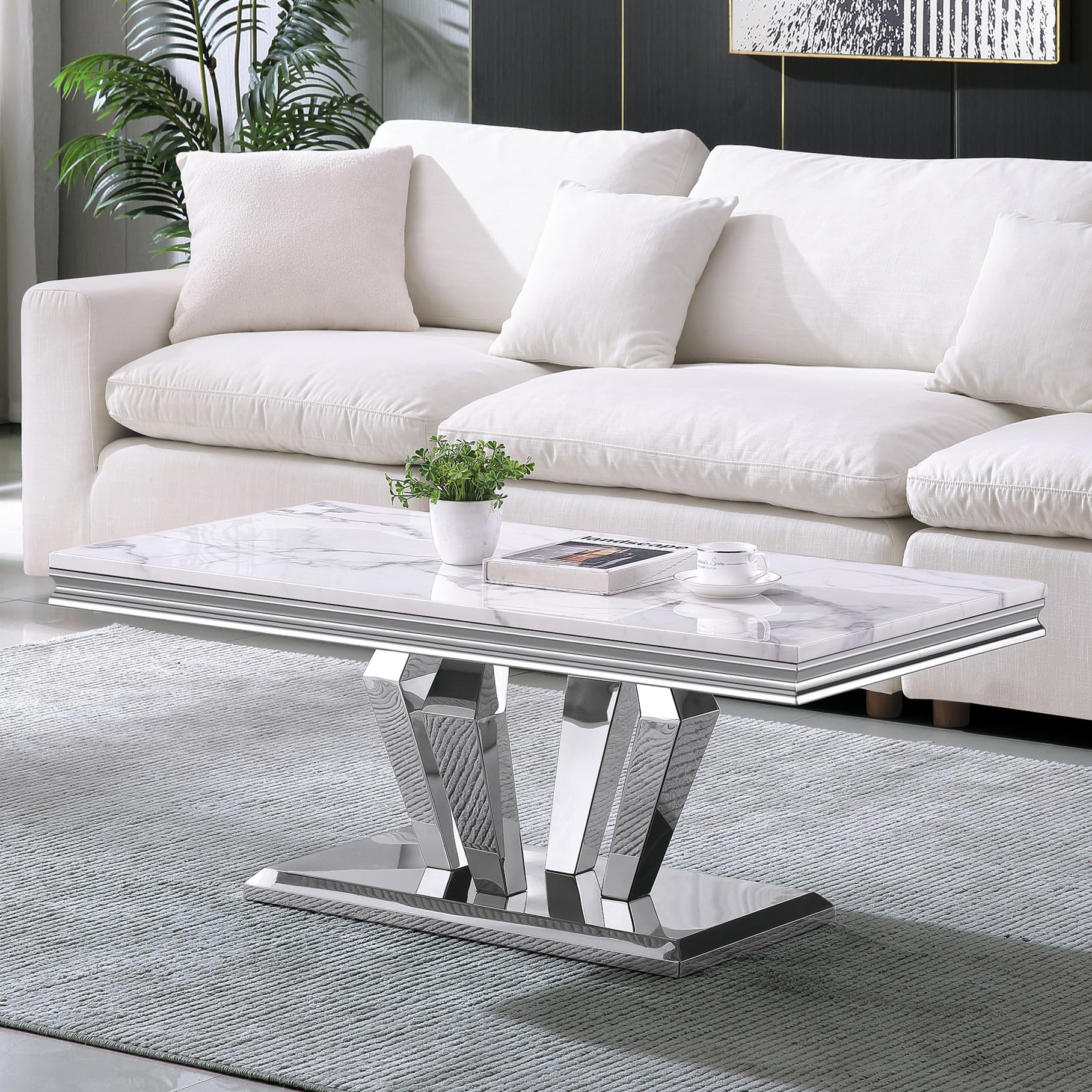 Maotifeys Luxury Faux Marble Coffee Table with Polished Silver Stainless Steel Diamond Base 47" Rectangular White Marble Center Table Elegant Cocktail