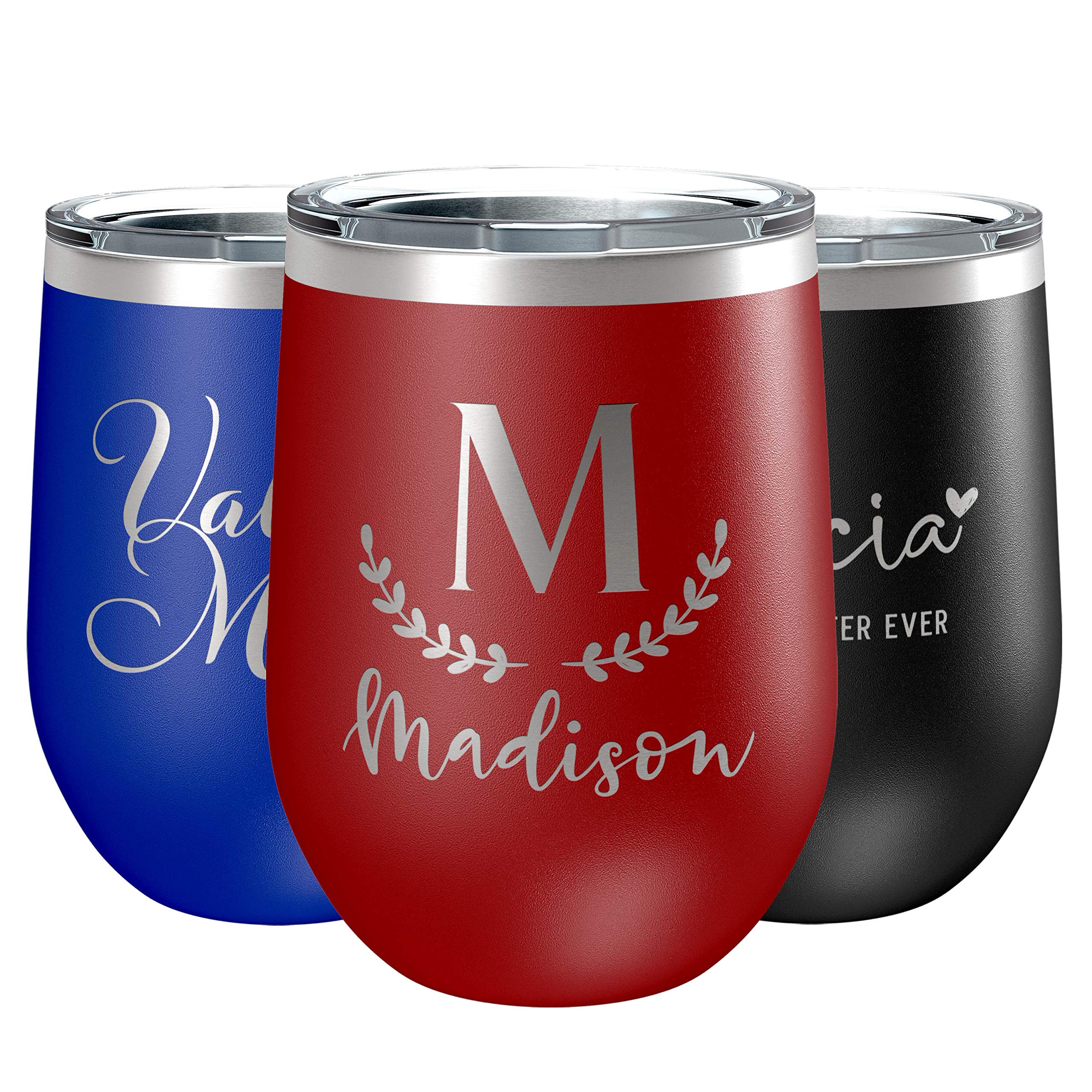 Personalized Wine Tumblers, 12 oz Red, 12 Designs, Stainless Steel Custom Wine Tumblers, Double-Wall, Vacuum Insulated - Personalized Gifts for Women