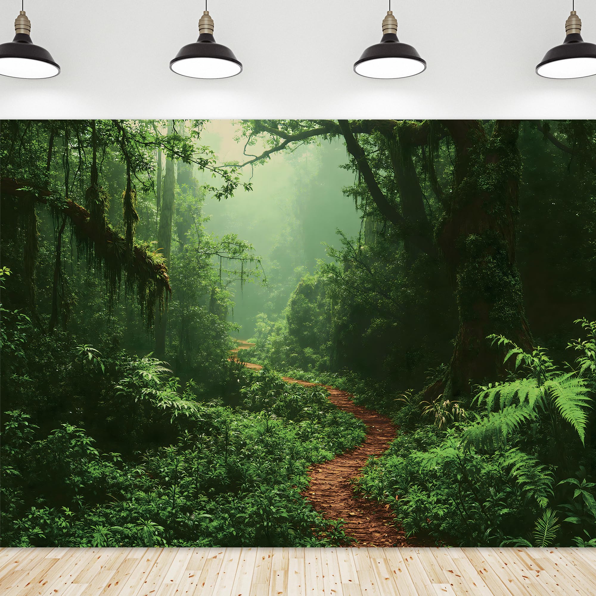 Riyidecor Jungle Rainforest Backdrop Fabric Polyester Spring Enchanted Nature Trees Green Dreamland Dirt Road Photography Background 7Wx5H Feet Decoration Props Party Photo Shoot Backdrop