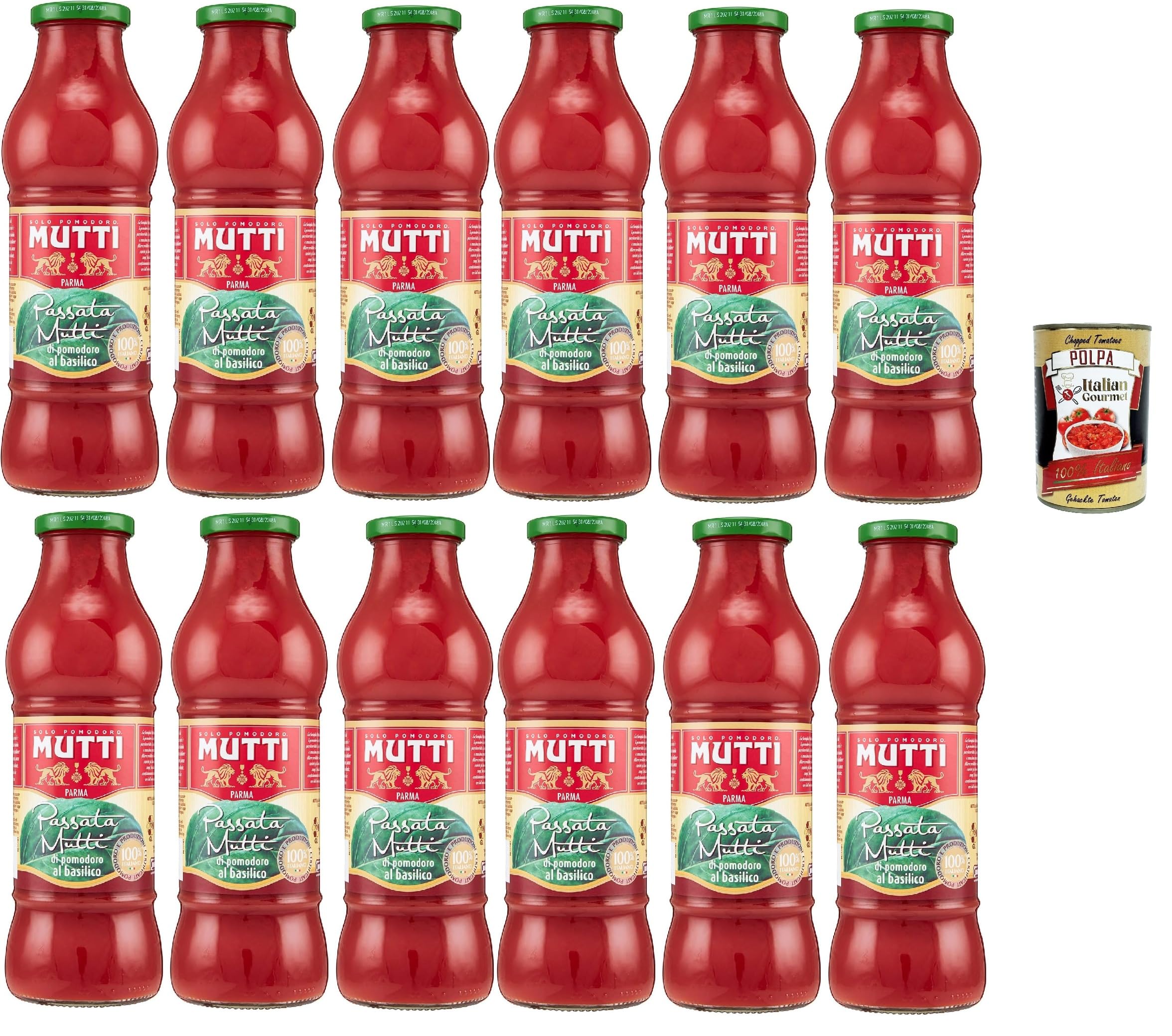 Mutti Passata de tomate, sauce tomate italienne, lot de 12 bouteilles, 700 g pour bouteille, 100% tomates italiennes, + Italian Gourmet polpa 400g