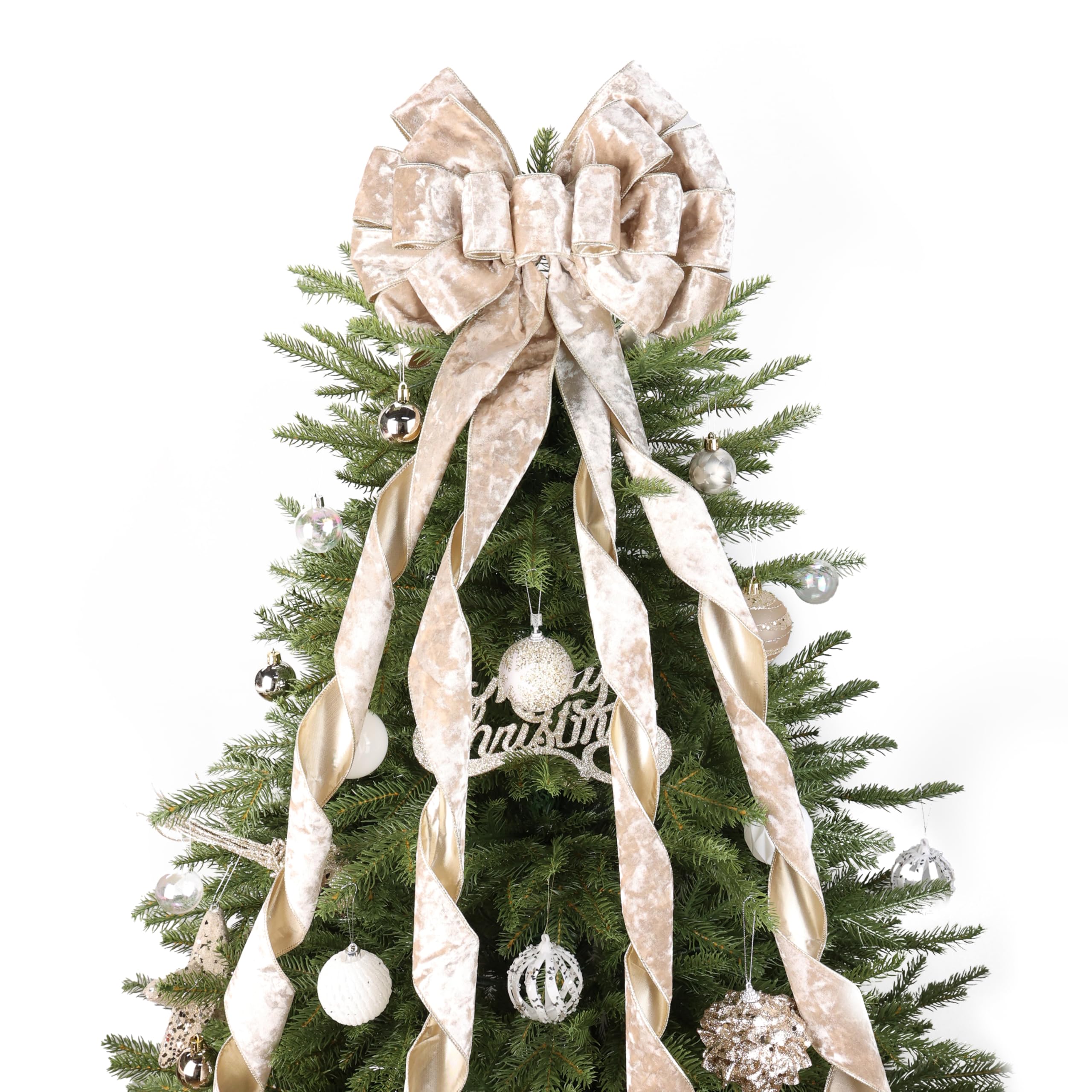 LIZLOVESS Champagne Velvet Ribbon Christmas Tree Topper Bow 13" x 53", 1PC