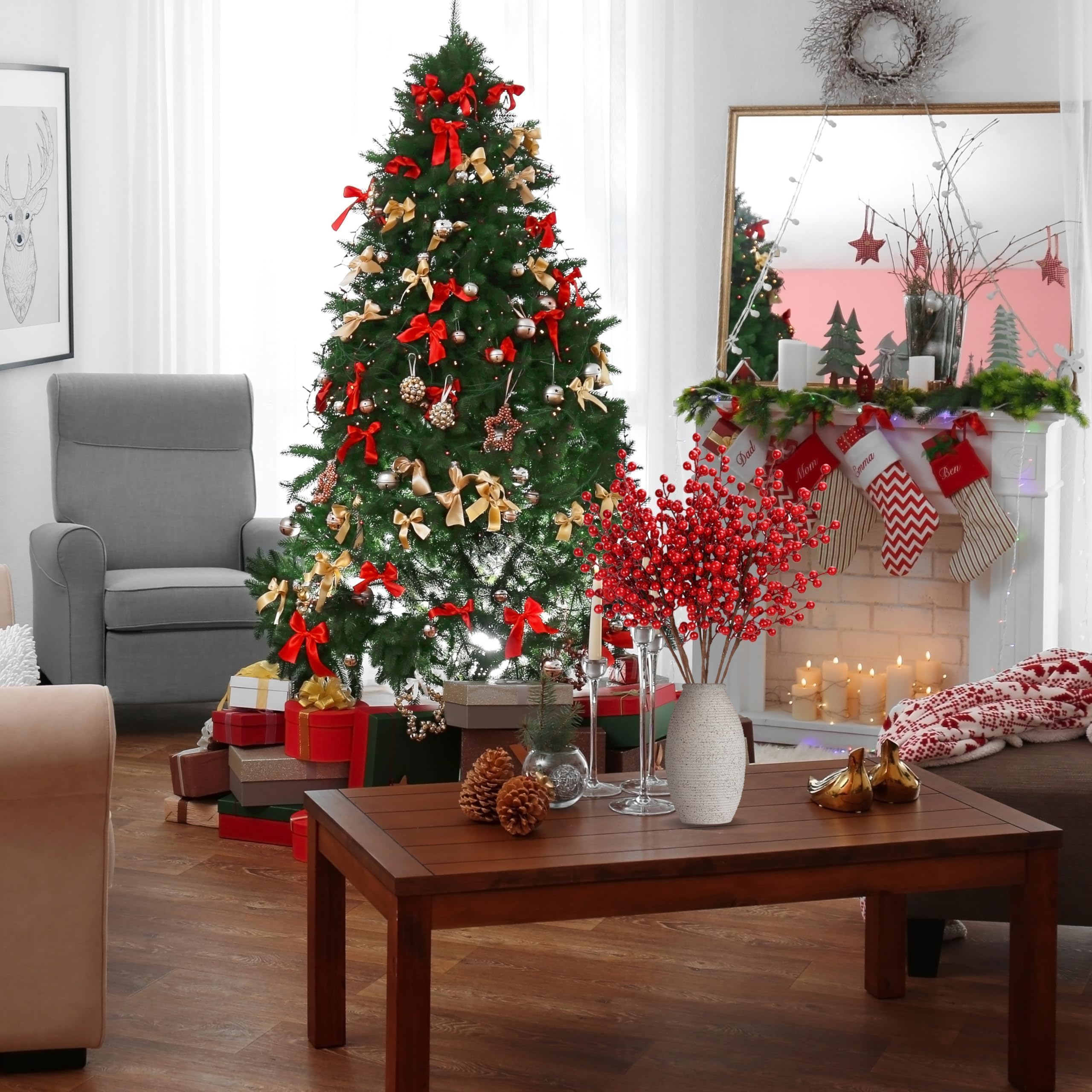 Palonu Künstliche rote Beerenstiele für Weihnachten, rote Beeren, Stechpalmenbeerenzweige für Blumenarrangements, Weihnachtsbaum, Urlaub, Zuhause, Basteln, Dekoration, 63,5 cm